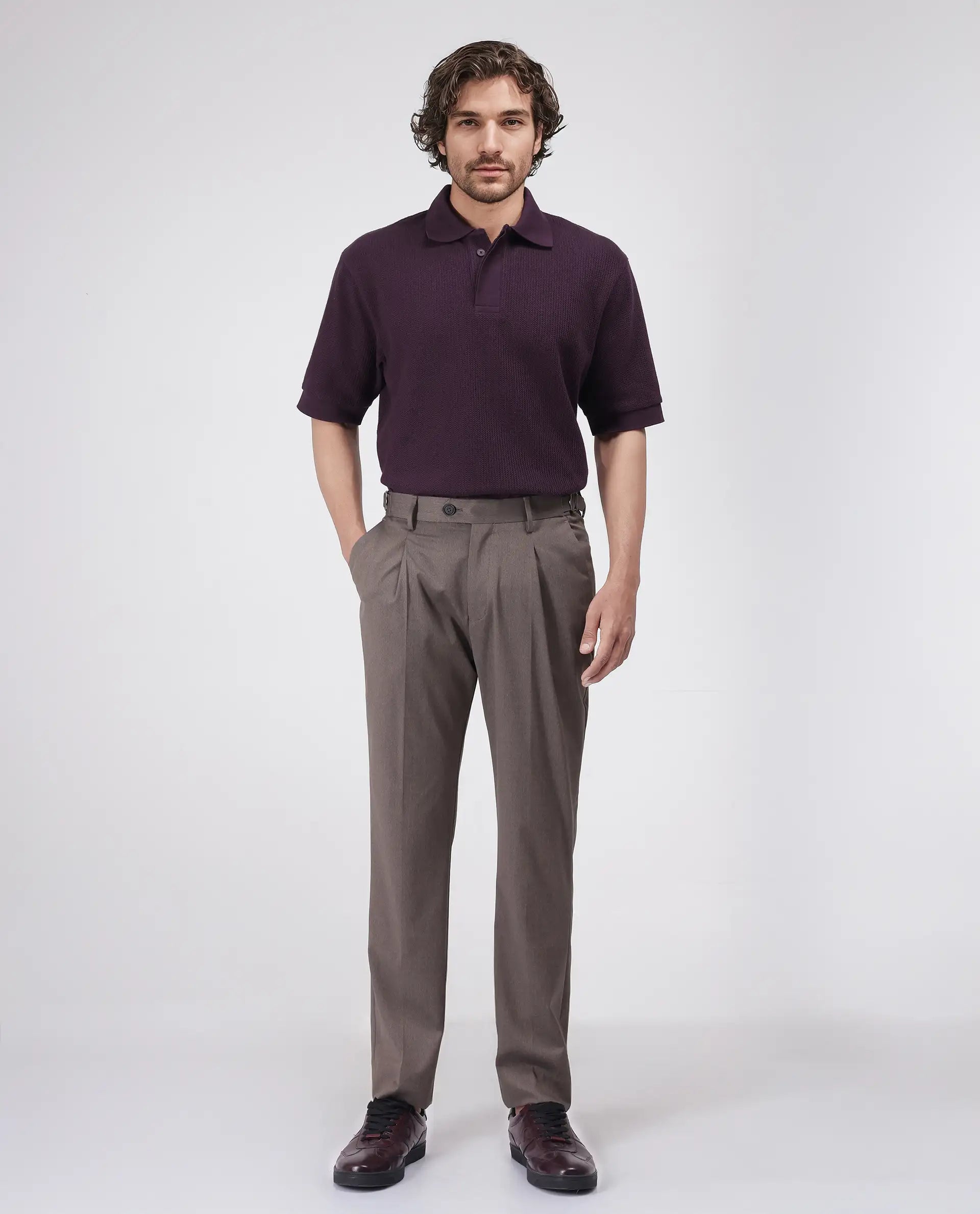 Rare Rabbit Men's Tom Dark Purple Cotton Fabric Half Sleeve Spread Collar Oversized Fit Textured Polo