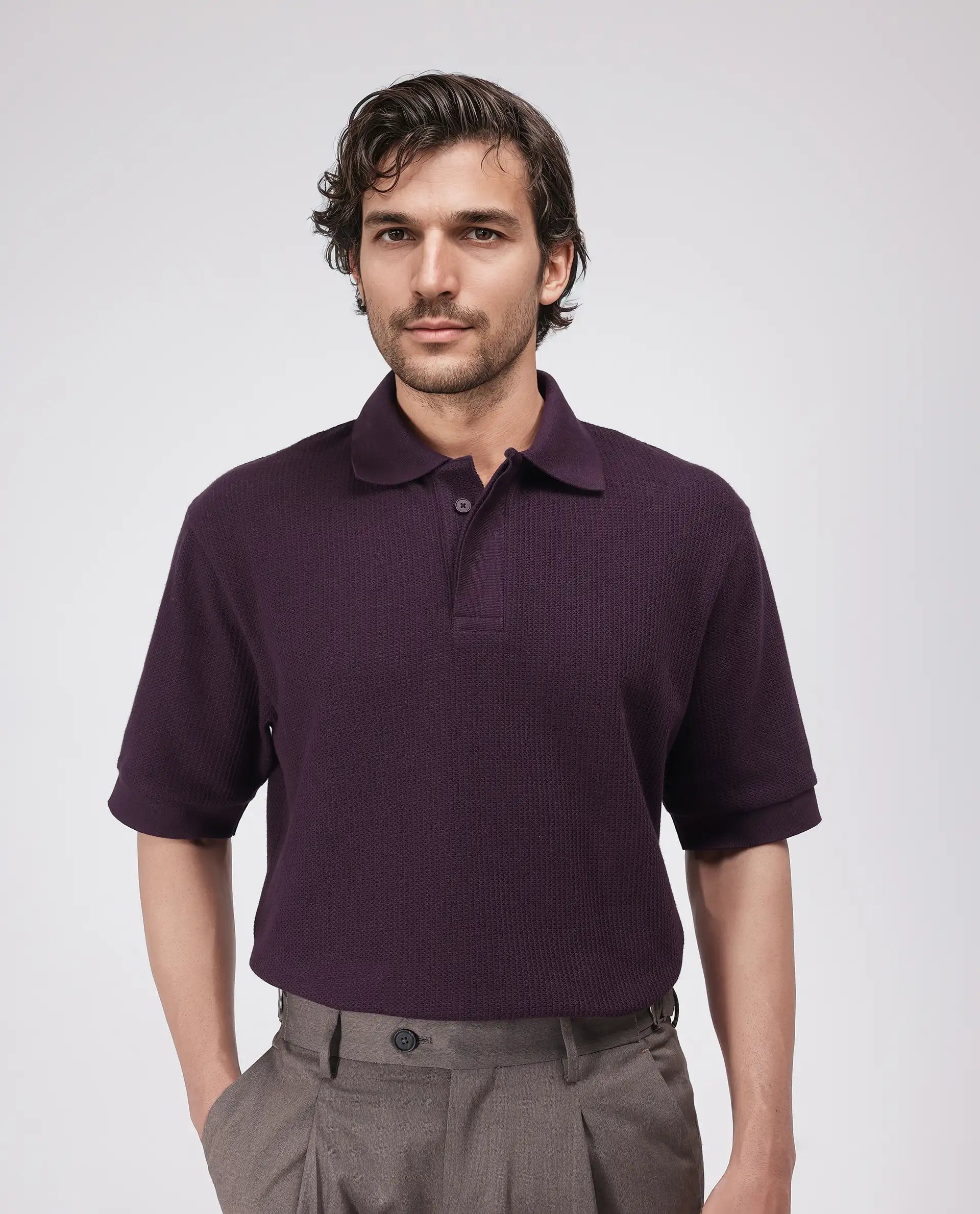 Rare Rabbit Men's Tom Dark Purple Cotton Fabric Half Sleeve Spread Collar Oversized Fit Textured Polo