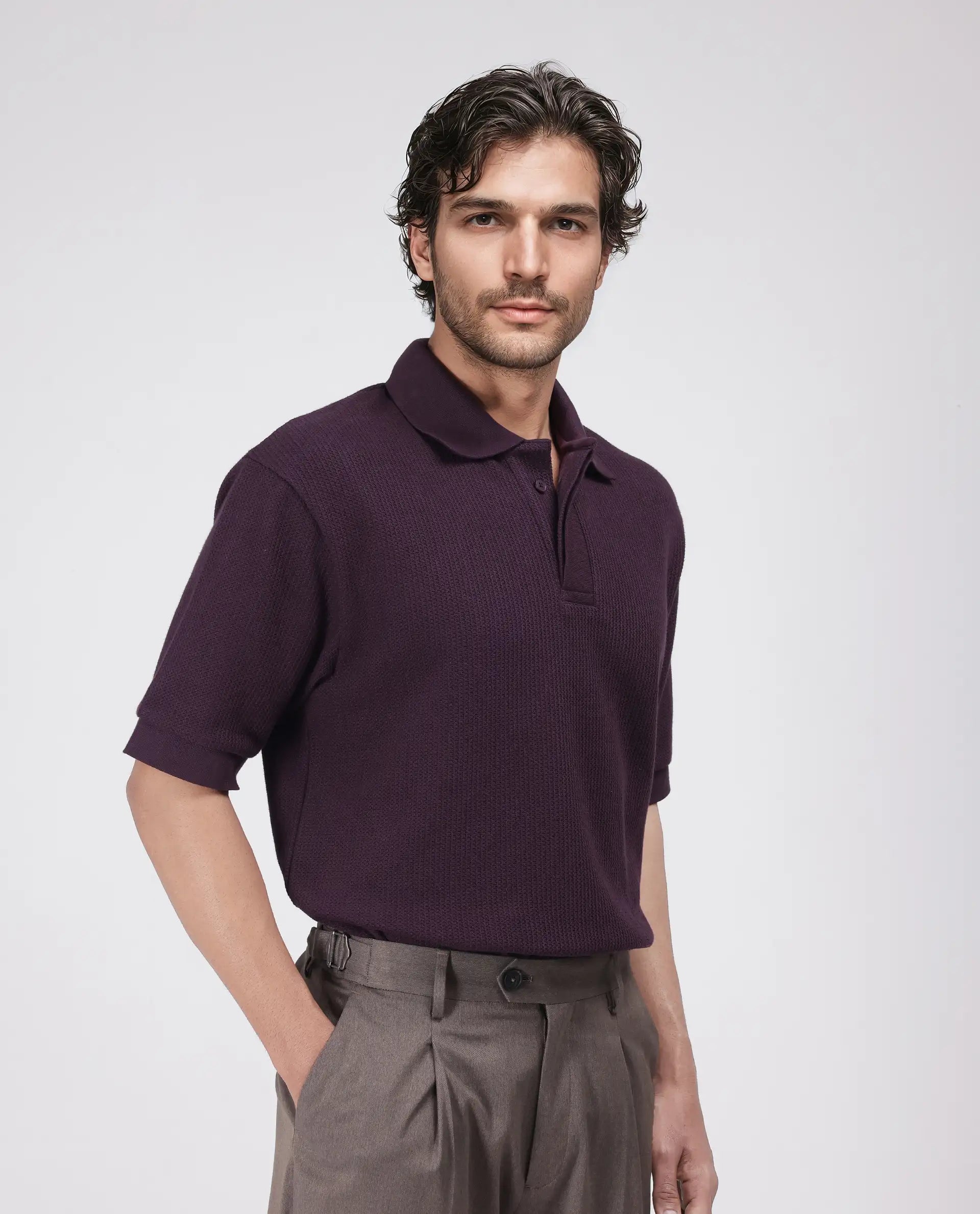 Rare Rabbit Men's Tom Dark Purple Cotton Fabric Half Sleeve Spread Collar Oversized Fit Textured Polo