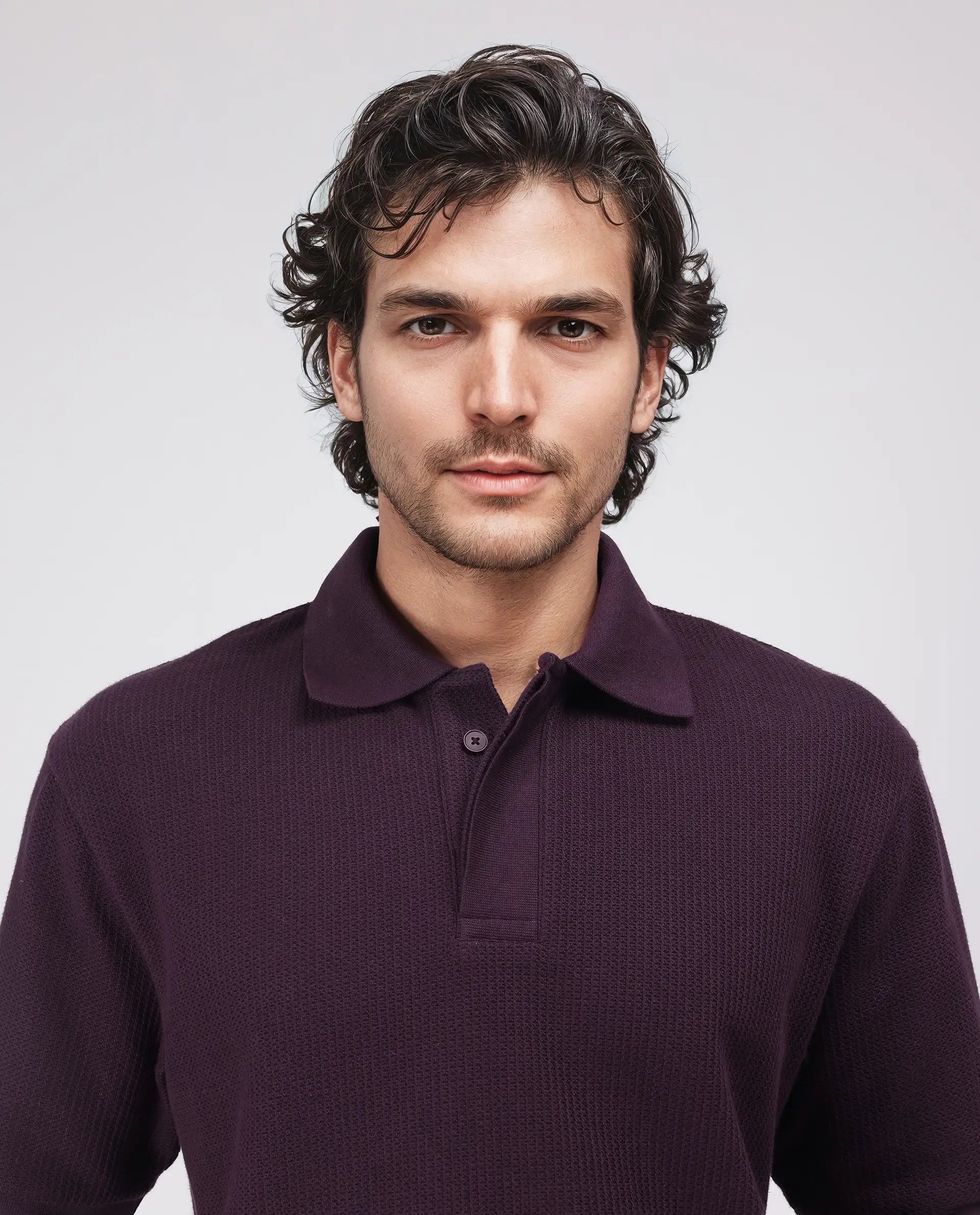 Rare Rabbit Men's Tom Dark Purple Cotton Fabric Half Sleeve Spread Collar Oversized Fit Textured Polo