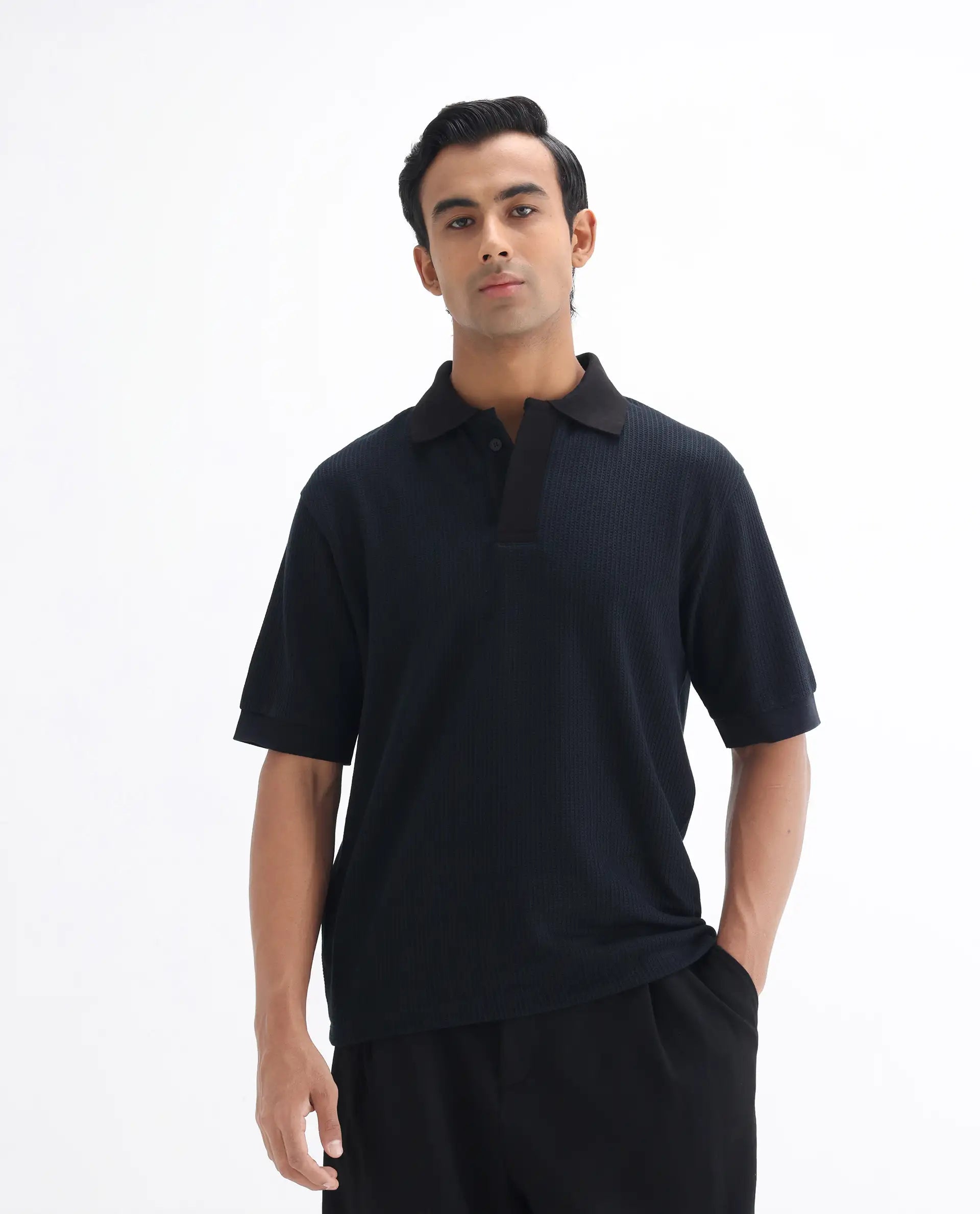 Rare Rabbit Men's Tom-N Navy Cotton Textured Oversized Fit Half Sleeve Polo