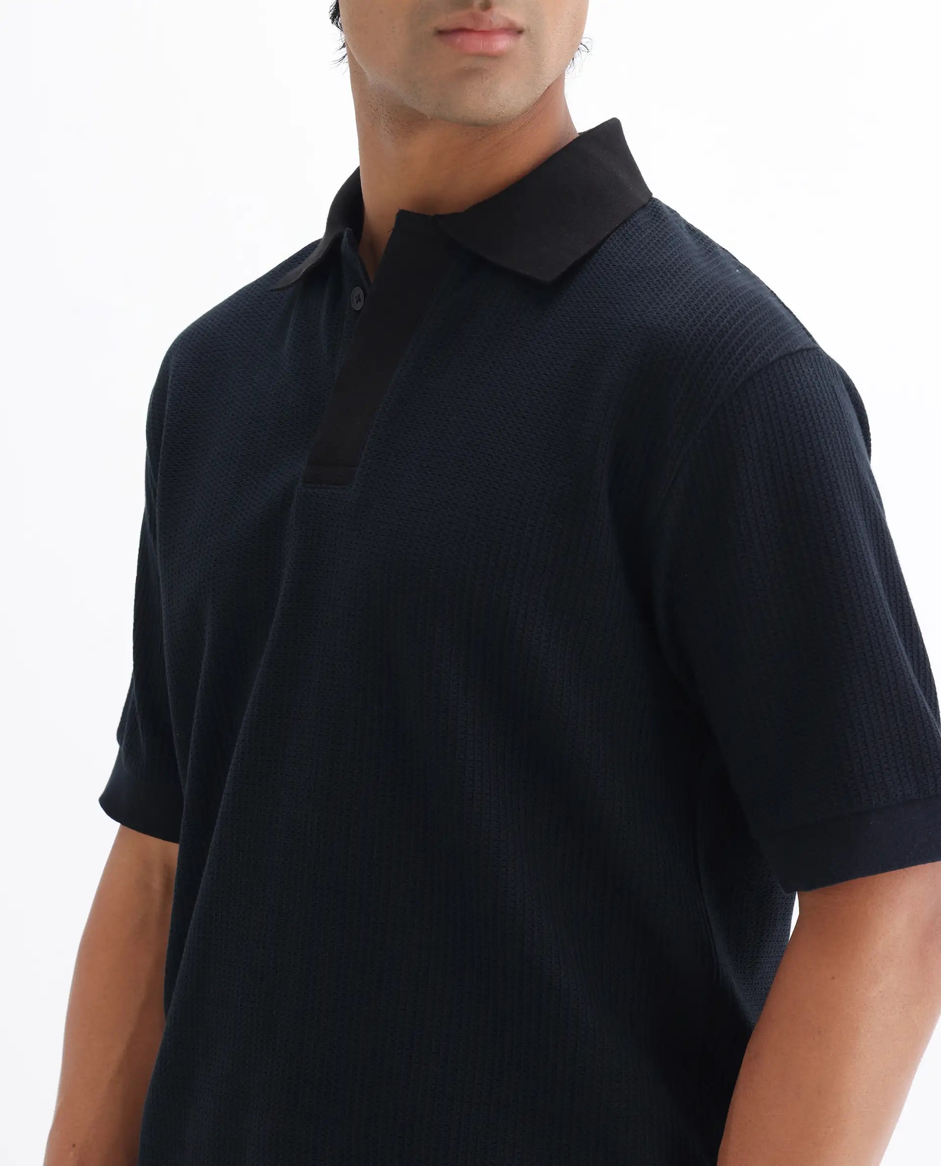 Rare Rabbit Men's Tom-N Navy Cotton Textured Oversized Fit Half Sleeve Polo