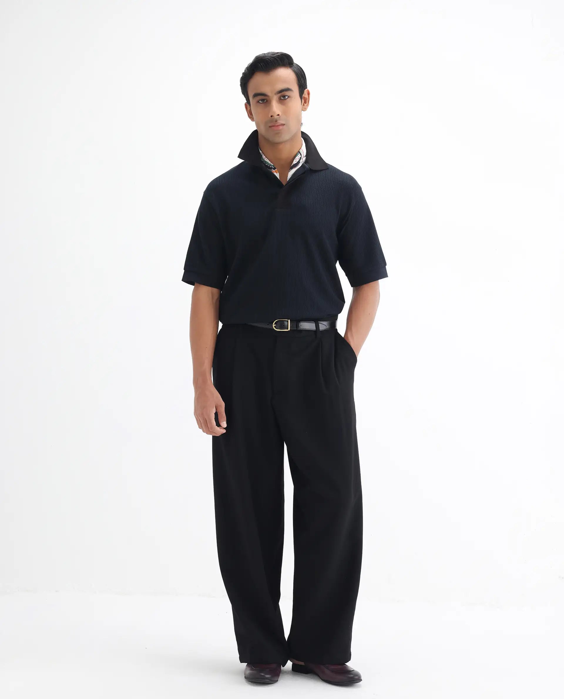 Rare Rabbit Men's Tom-N Navy Cotton Textured Oversized Fit Half Sleeve Polo