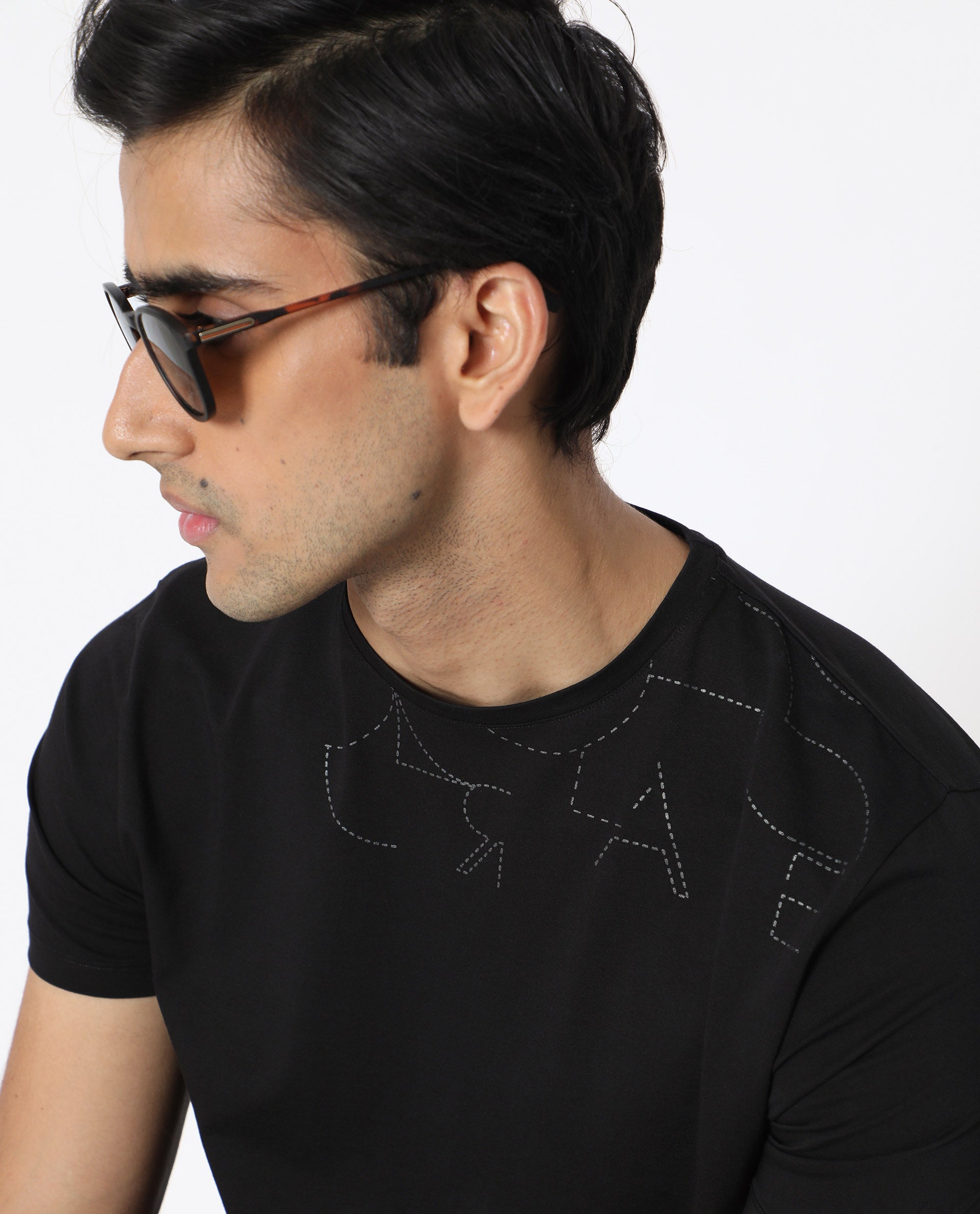 Rare Rabbit Men's Tona Black Crew Neck Half Sleeves Regular Fit Monogram Placement Print T-Shirt