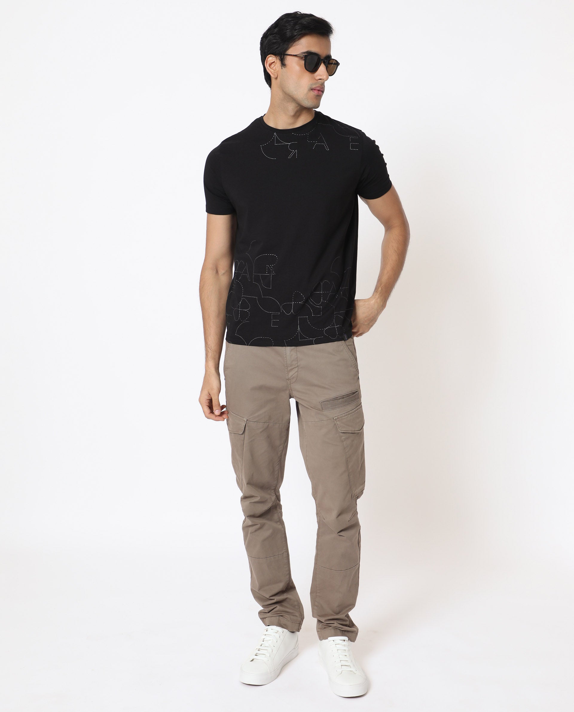 Rare Rabbit Men's Tona Black Crew Neck Half Sleeves Regular Fit Monogram Placement Print T-Shirt