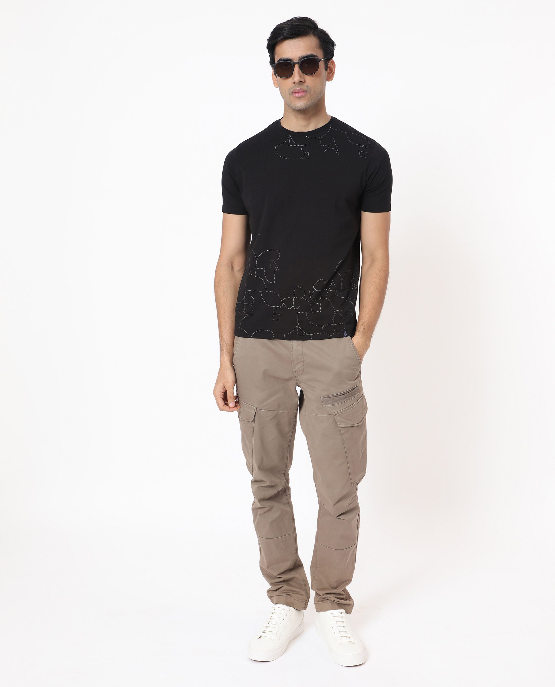 Rare Rabbit Men's Tona Black Crew Neck Half Sleeves Regular Fit Monogram Placement Print T-Shirt