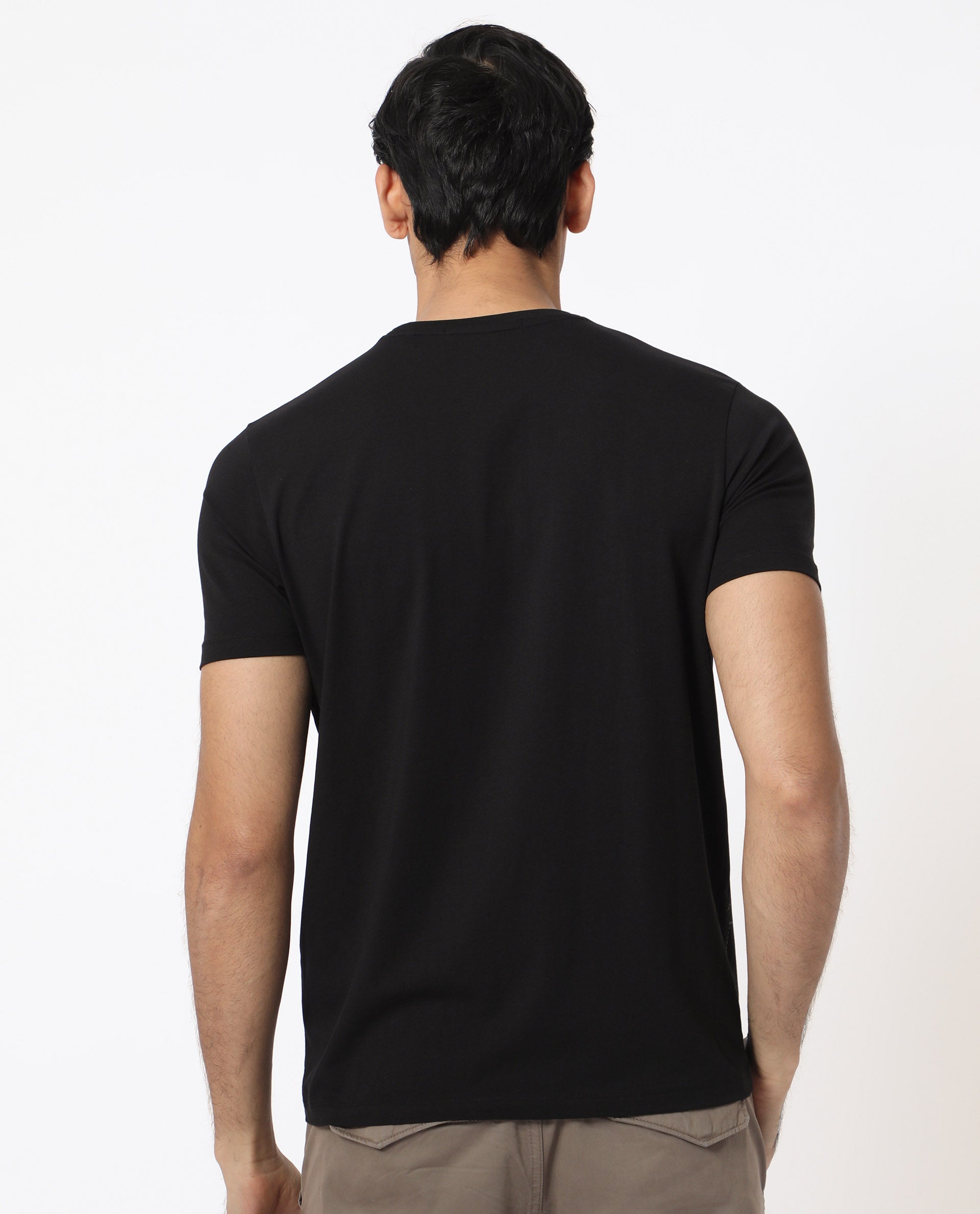 Rare Rabbit Men's Tona Black Crew Neck Half Sleeves Regular Fit Monogram Placement Print T-Shirt