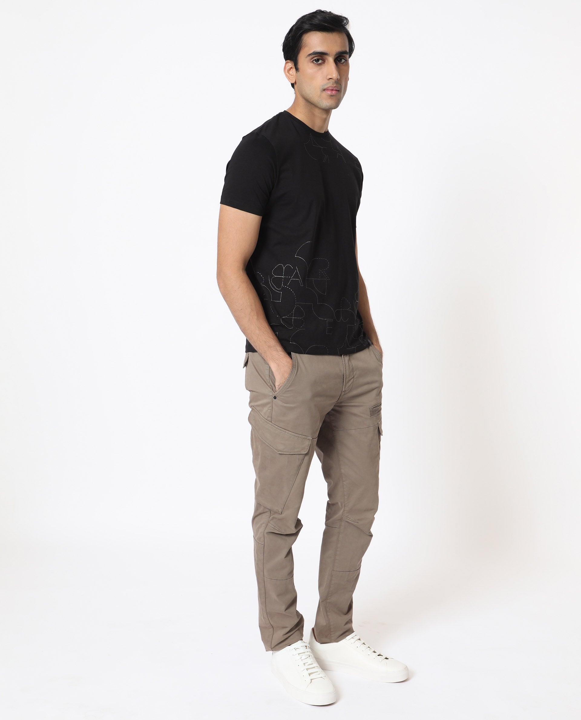 Rare Rabbit Men's Tona Black Crew Neck Half Sleeves Regular Fit Monogram Placement Print T-Shirt