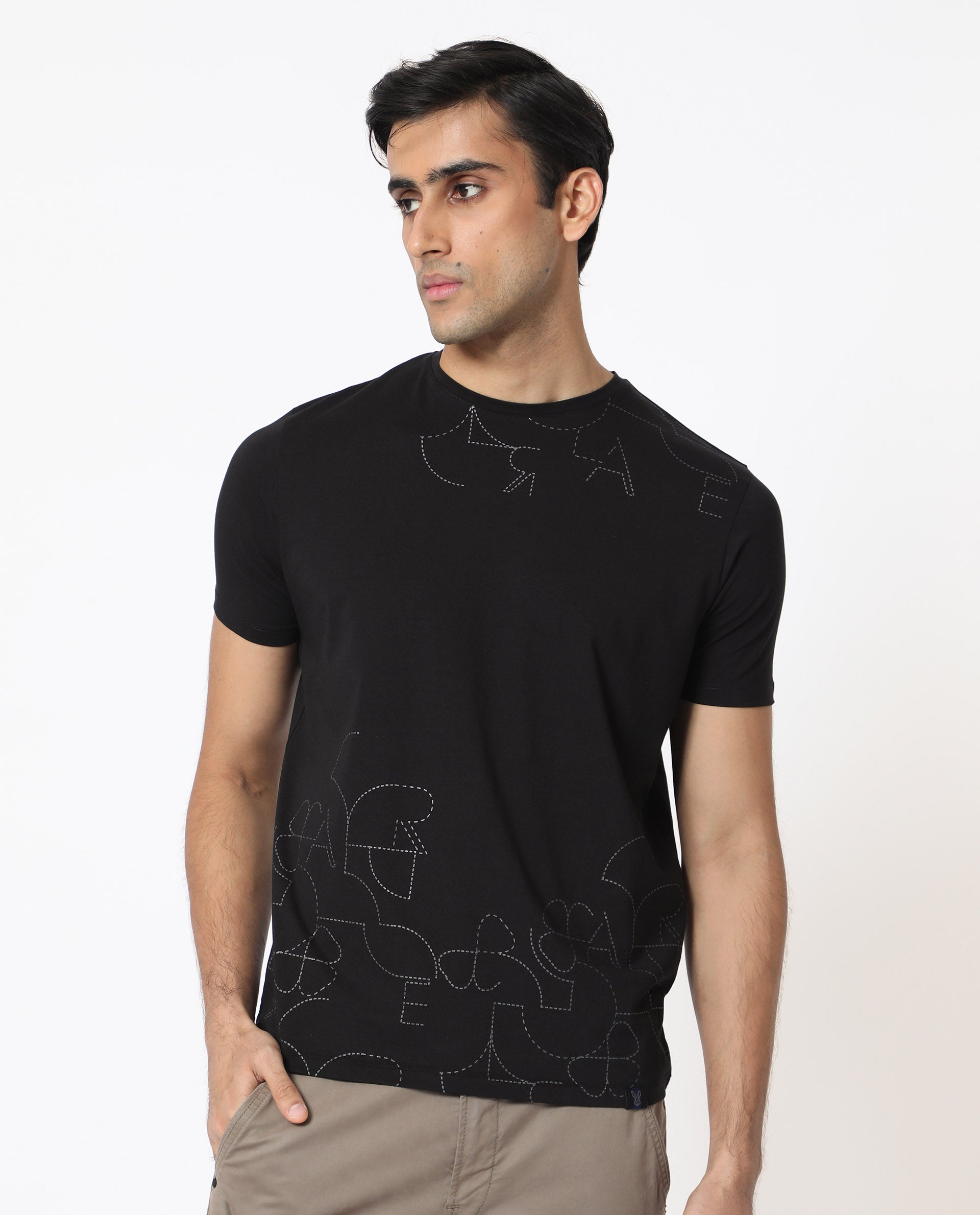 Rare Rabbit Men's Tona Black Crew Neck Half Sleeves Regular Fit Monogram Placement Print T-Shirt