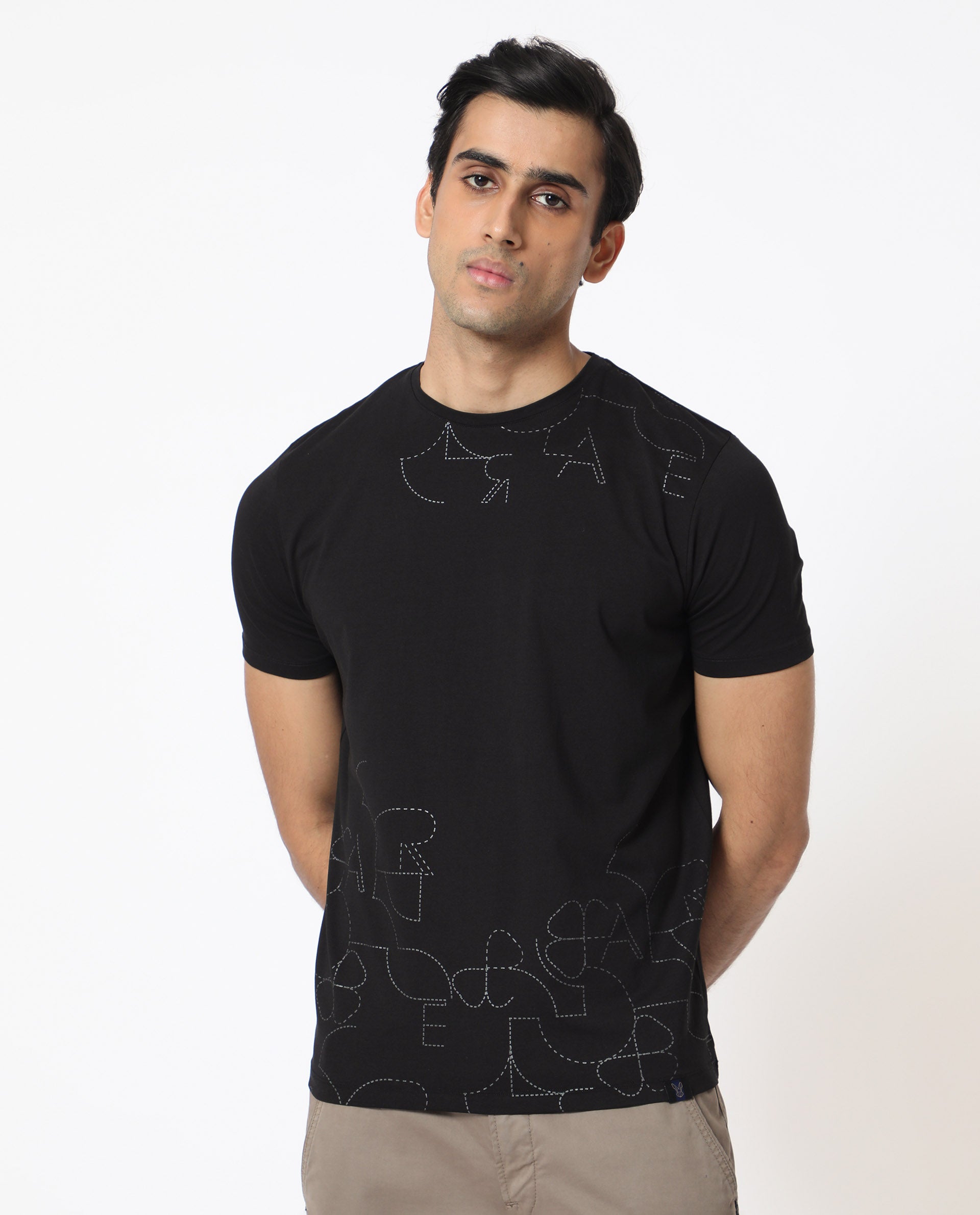 Rare Rabbit Men's Tona Black Crew Neck Half Sleeves Regular Fit Monogram Placement Print T-Shirt