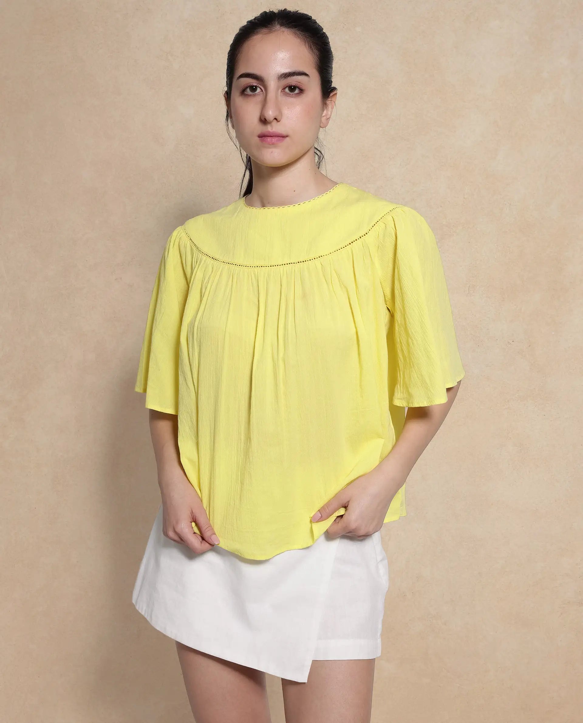 Rareism Women Tonala Yellow Button Closure Raglan Sleeves Crew Neck Relaxed Fit Plain Top