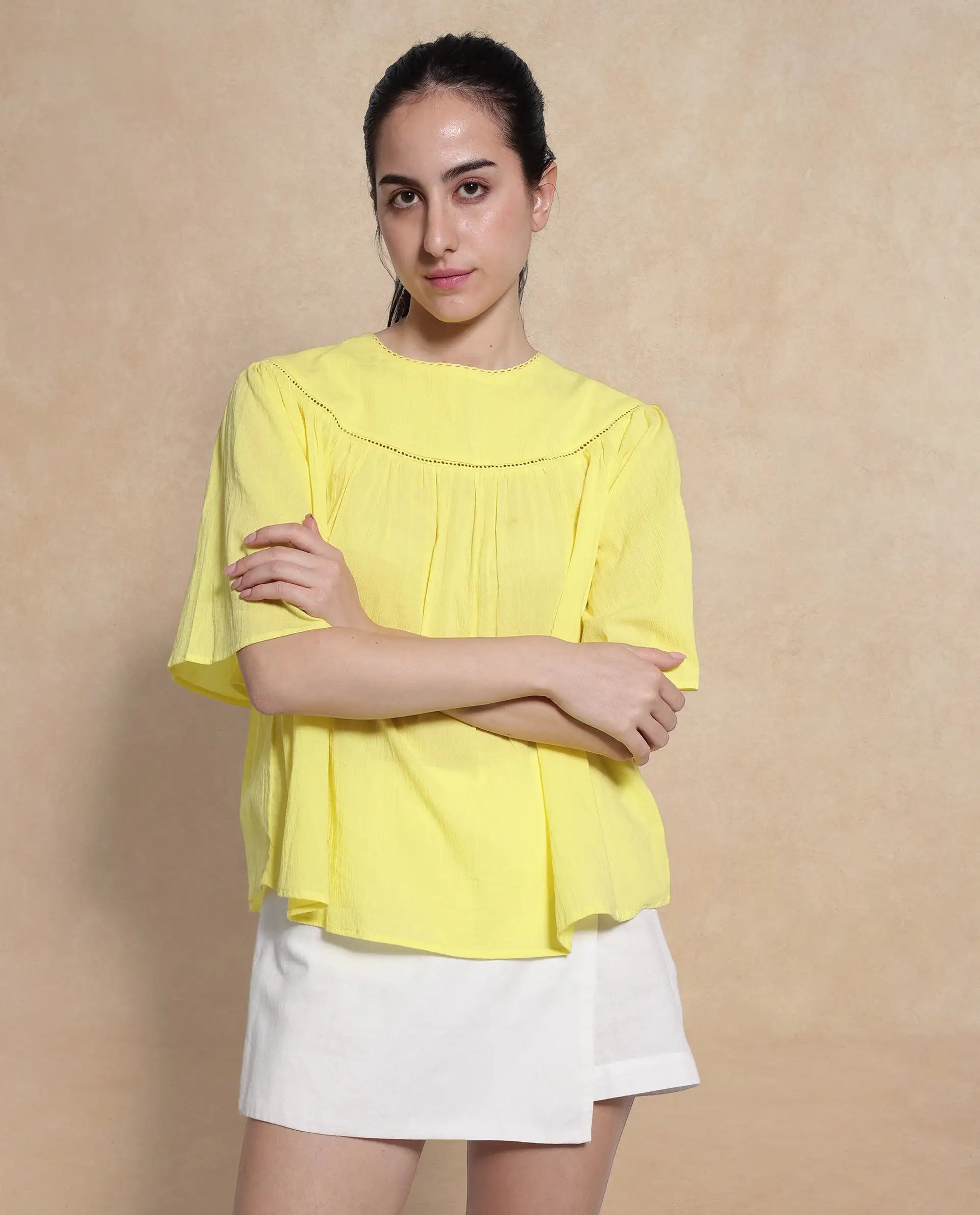 Rareism Women Tonala Yellow Button Closure Raglan Sleeves Crew Neck Relaxed Fit Plain Top