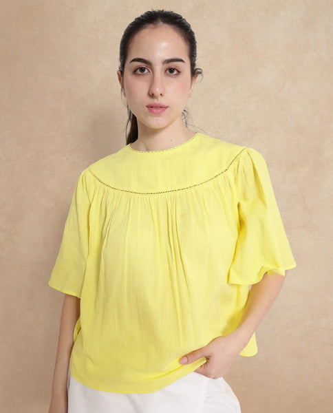 Rareism Women Tonala Light Pink Button Closure Raglan Sleeves Crew Neck Relaxed Fit Plain Top
