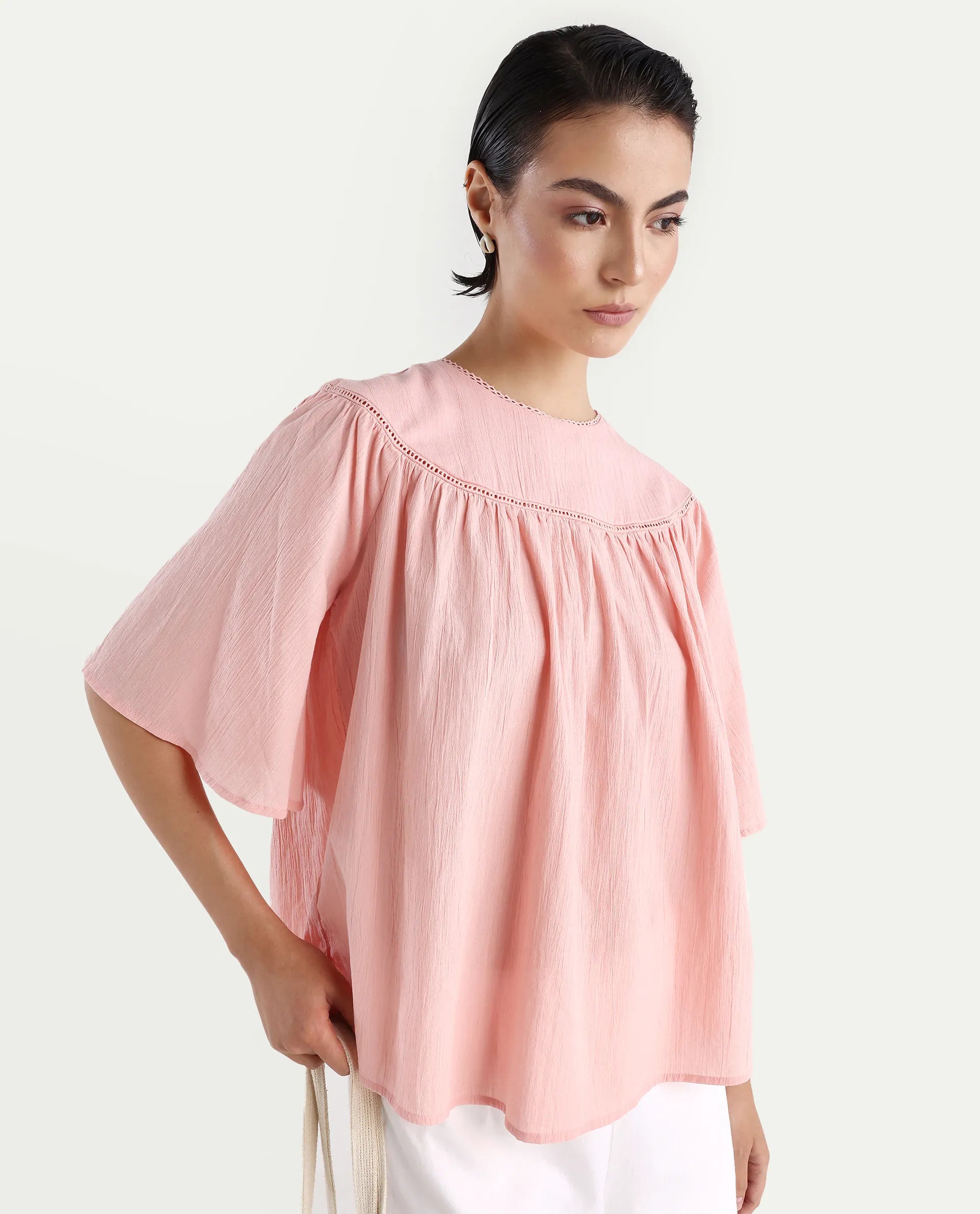 Rareism Women's Tonala Light Pink Cotton Blend Crew Neck Plain Raglan Sleeve Relaxed Fit Top