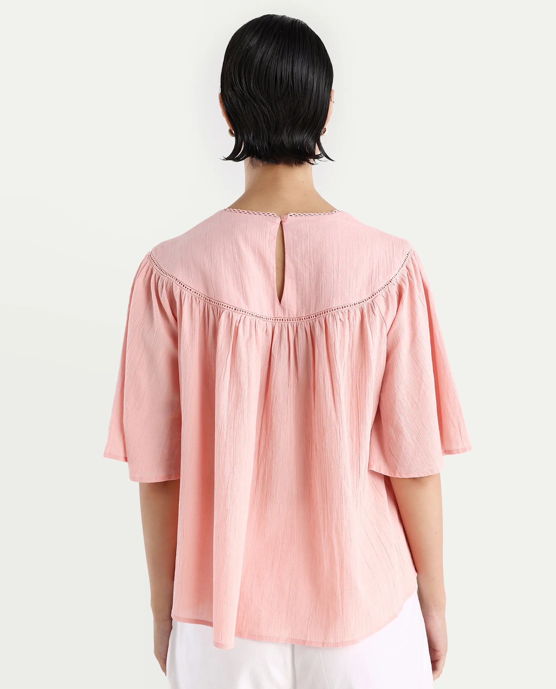 Rareism Women's Tonala Light Pink Cotton Blend Crew Neck Plain Raglan Sleeve Relaxed Fit Top