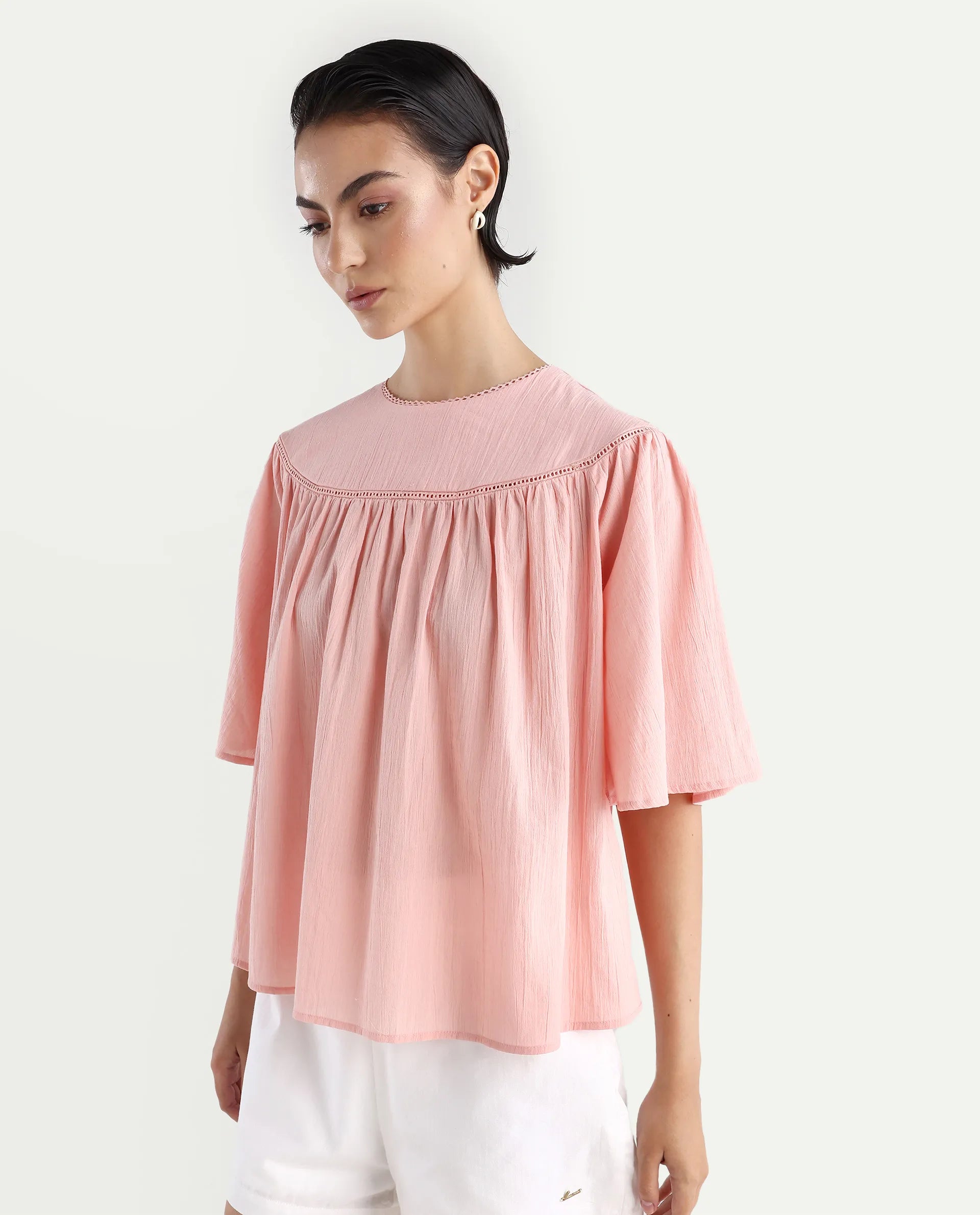 Rareism Women's Tonala Light Pink Cotton Blend Crew Neck Plain Raglan Sleeve Relaxed Fit Top