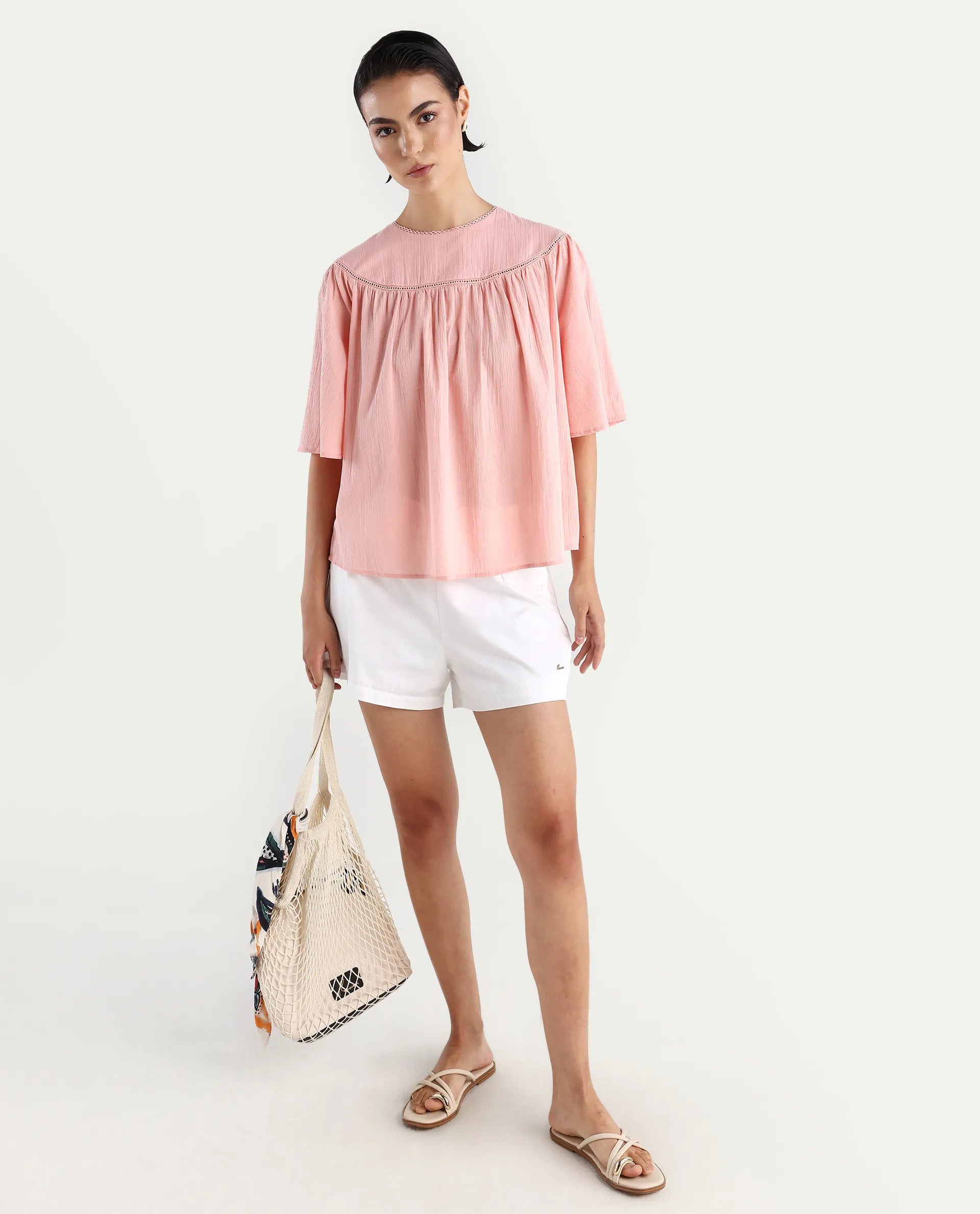 Rareism Women's Tonala Light Pink Cotton Blend Crew Neck Plain Raglan Sleeve Relaxed Fit Top