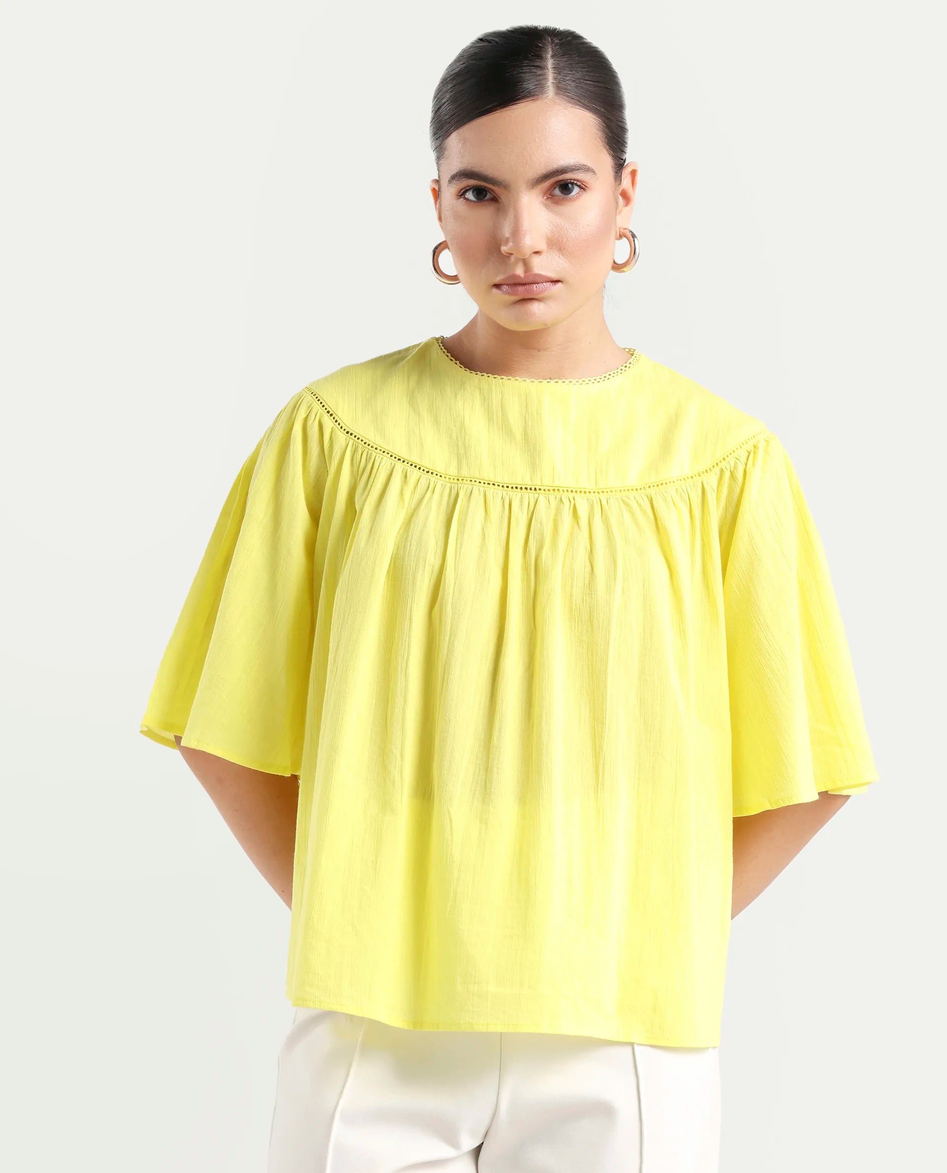 Rareism Women's Tonala Yellow Cotton Blend Crew Neck Plain Raglan Sleeve Relaxed Fit Top