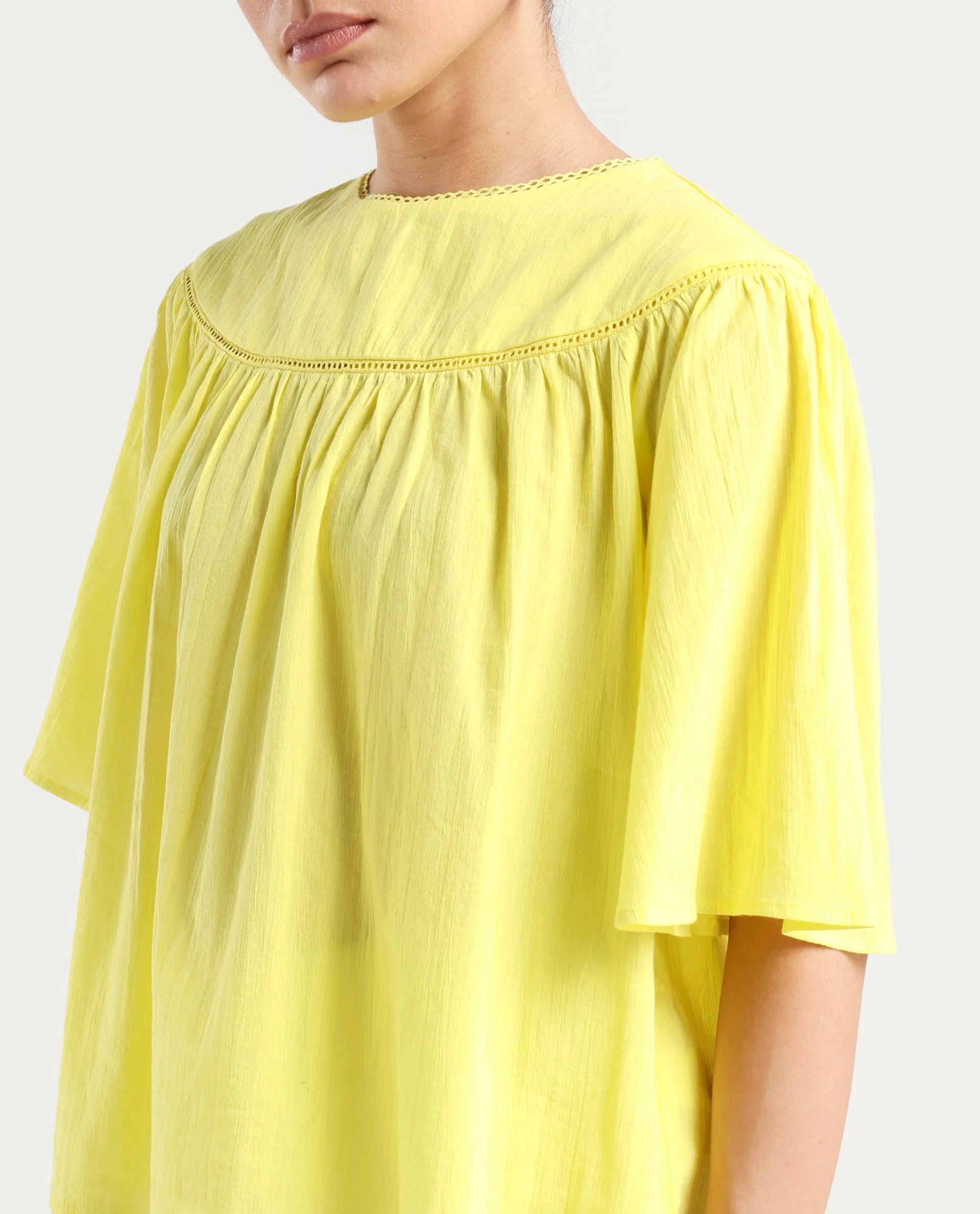 Rareism Women's Tonala Yellow Cotton Blend Crew Neck Plain Raglan Sleeve Relaxed Fit Top