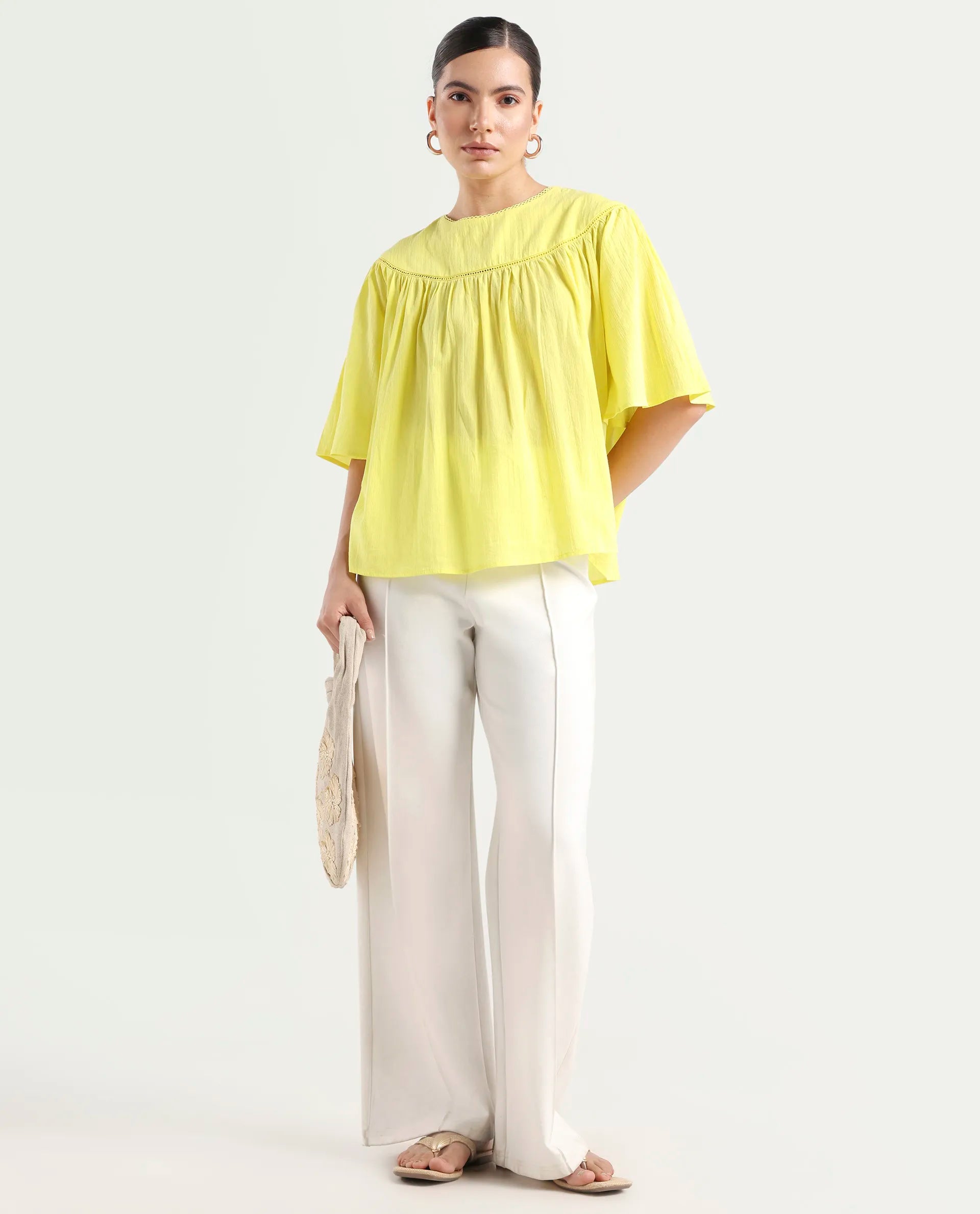 Rareism Women's Tonala Yellow Cotton Blend Crew Neck Plain Raglan Sleeve Relaxed Fit Top