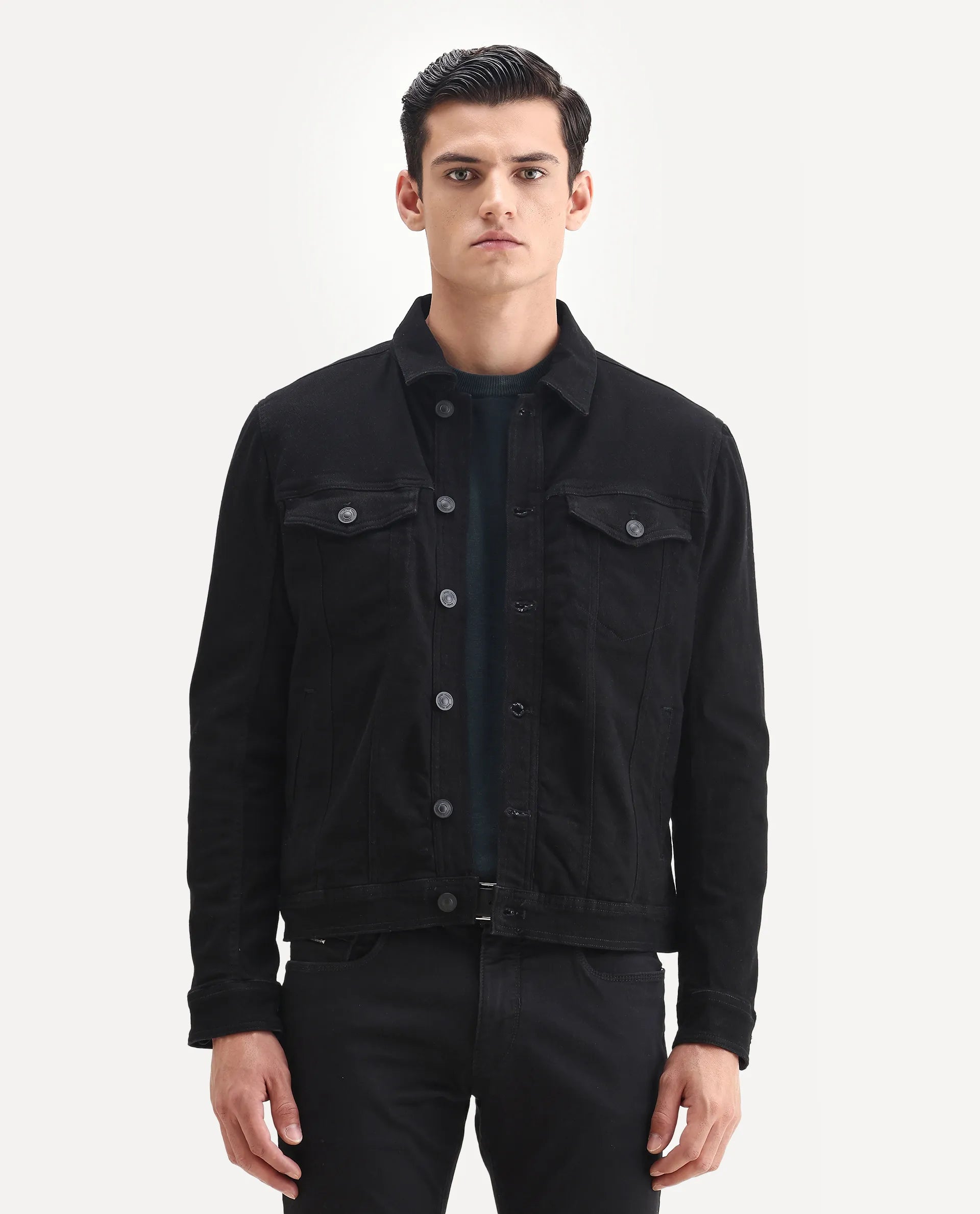 Rare Rabbit Men's Tonk Black Cotton Plain Regular Fit Full Sleeve Spread Collar Jacket