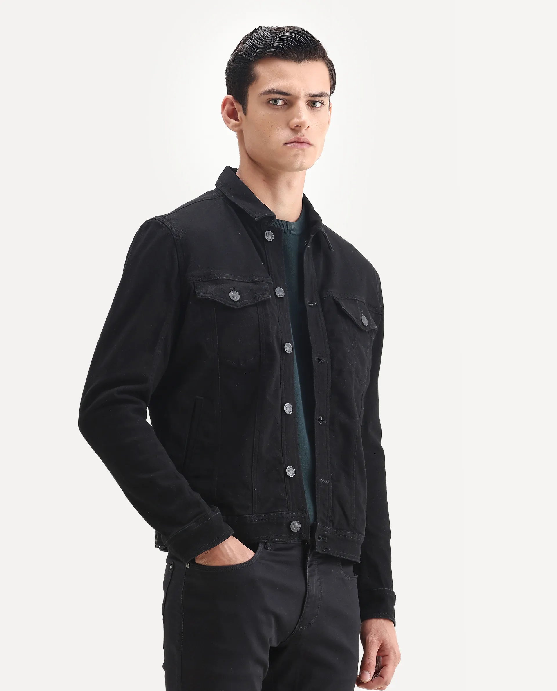 Rare Rabbit Men's Tonk Black Cotton Plain Regular Fit Full Sleeve Spread Collar Jacket