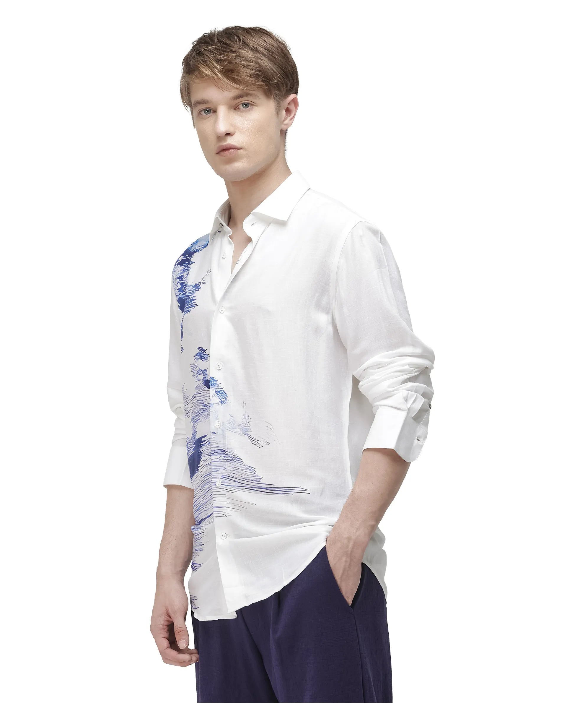 Rare Rabbit Men's Topan White Viscose Abstract Print Relaxed Fit Full Sleeve Collared Shirt