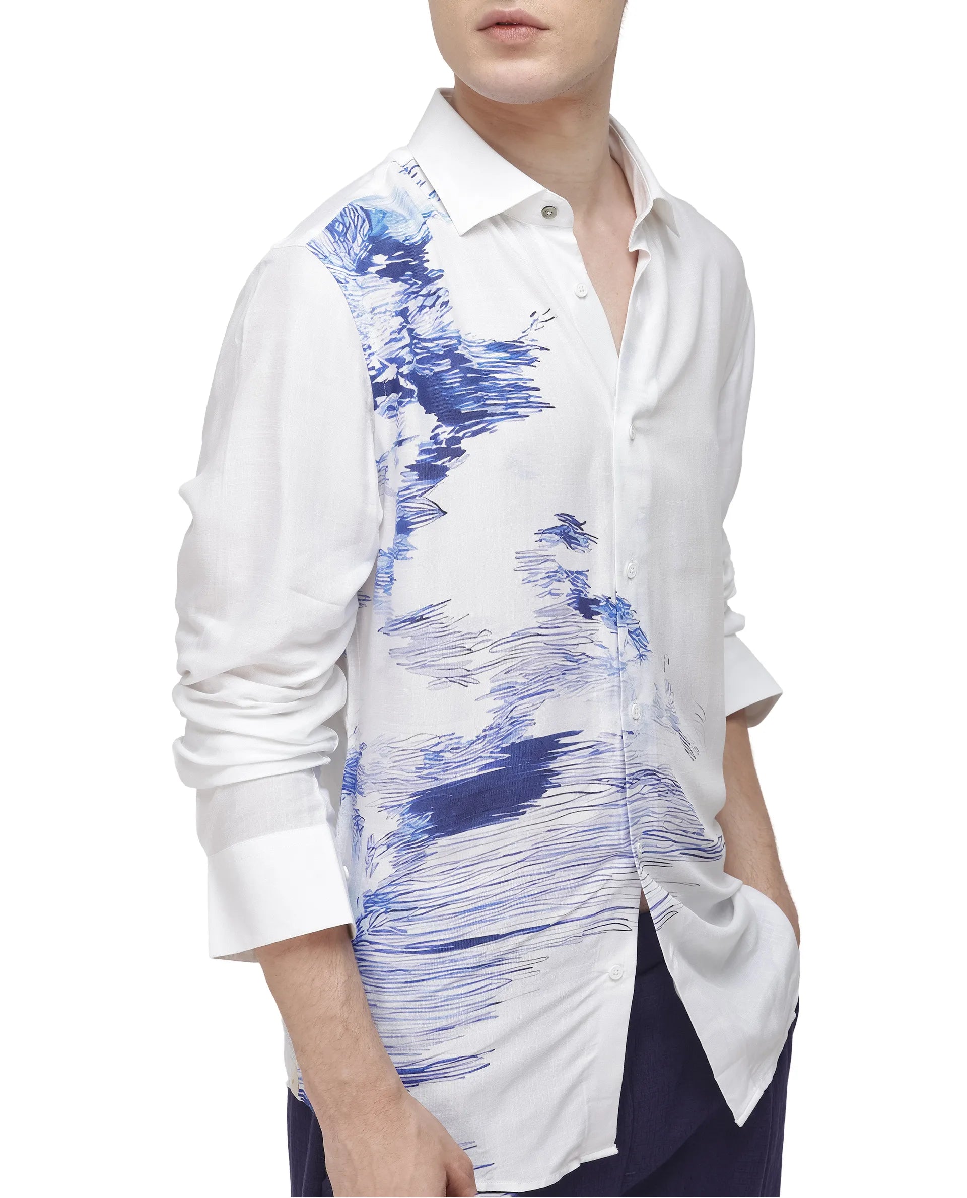 Rare Rabbit Men's Topan White Viscose Abstract Print Relaxed Fit Full Sleeve Collared Shirt