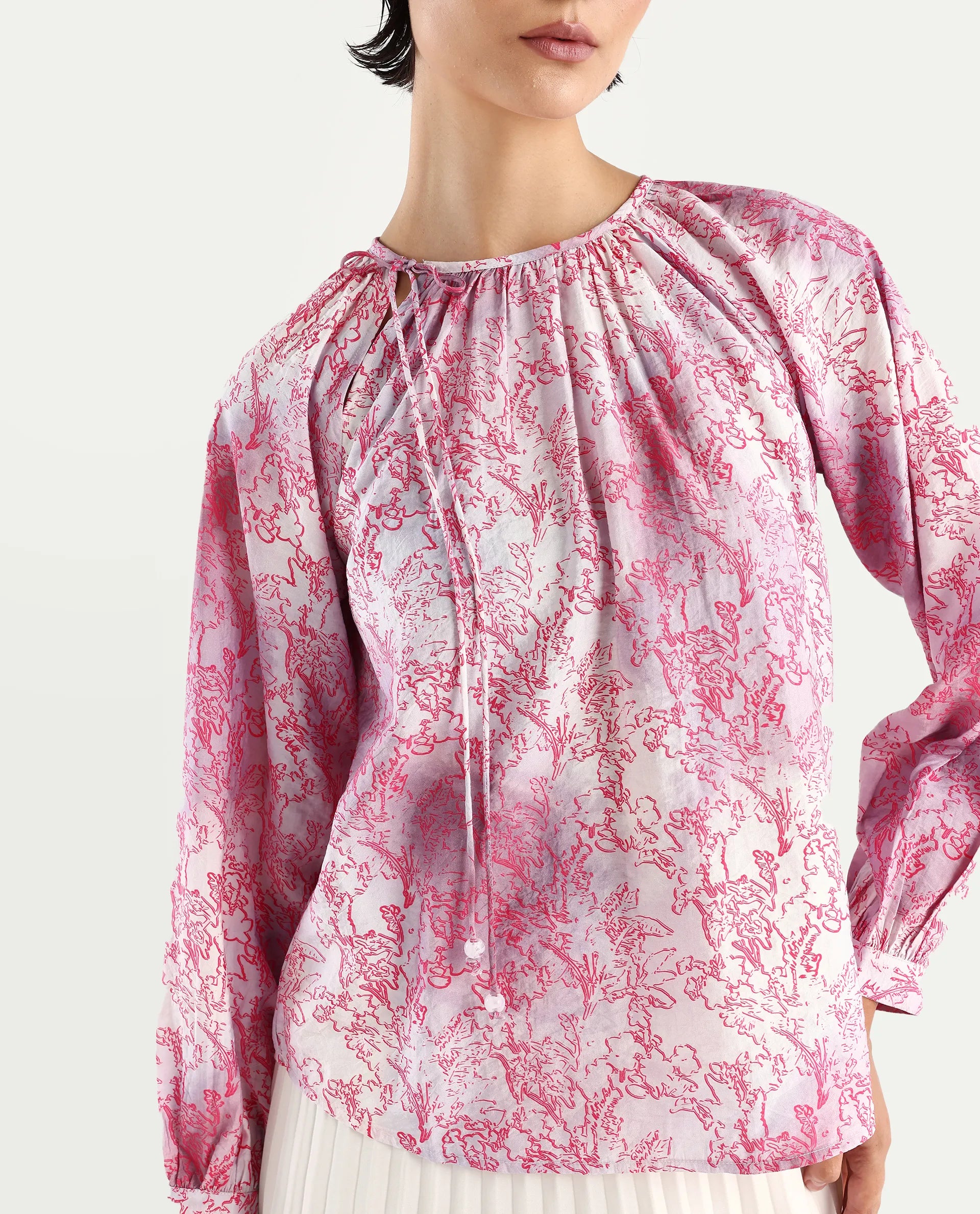 Rareism Women's Torborg Grey Cotton Blend Boat Neck Abstract Print Raglan Sleeve Regular Fit Top