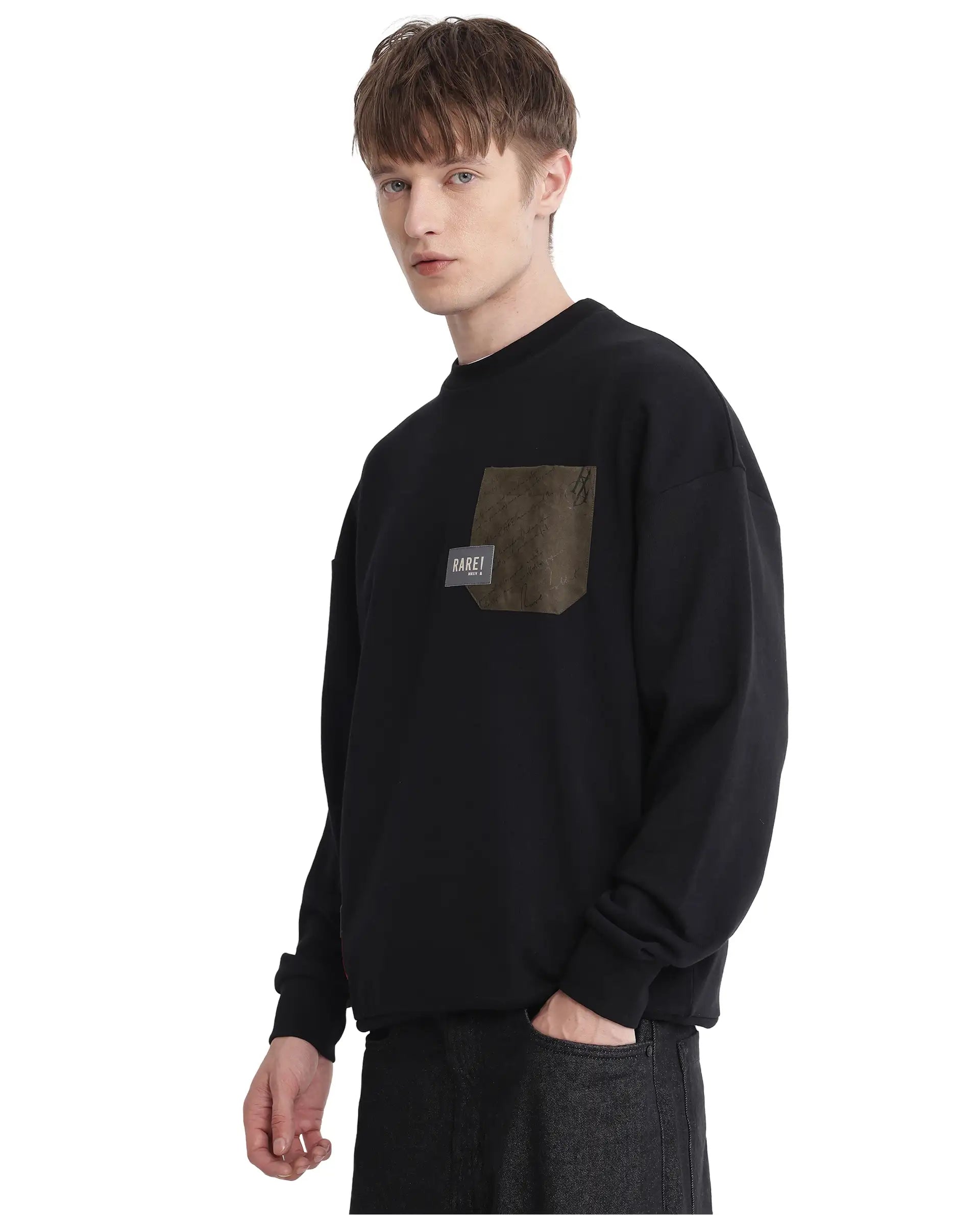 Rare Rabbit Men Toren Black Cotton Blend Fabric Full Sleeve Boxy Fit Label Detail Sweatshirt