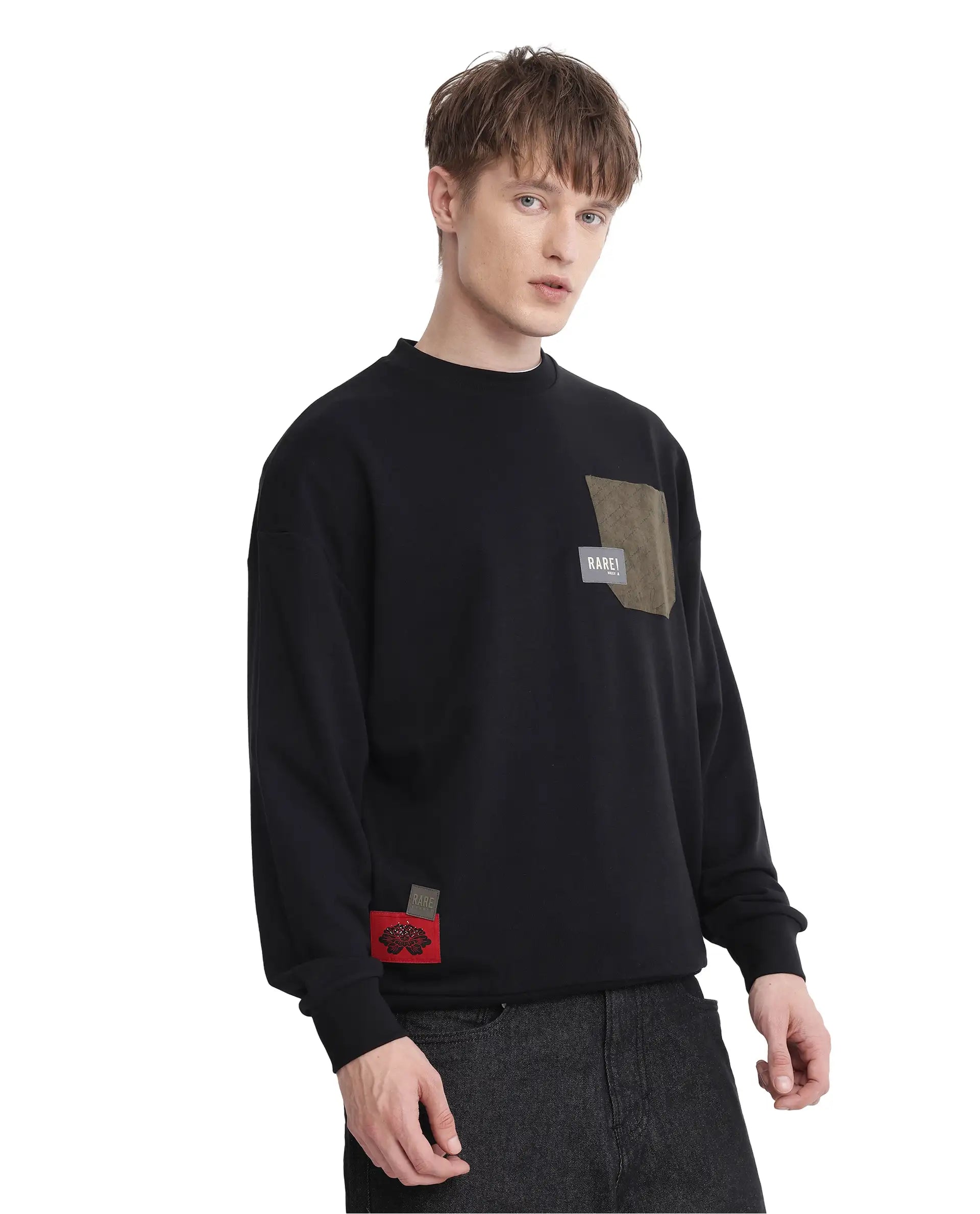 Rare Rabbit Men Toren Black Cotton Blend Fabric Full Sleeve Boxy Fit Label Detail Sweatshirt