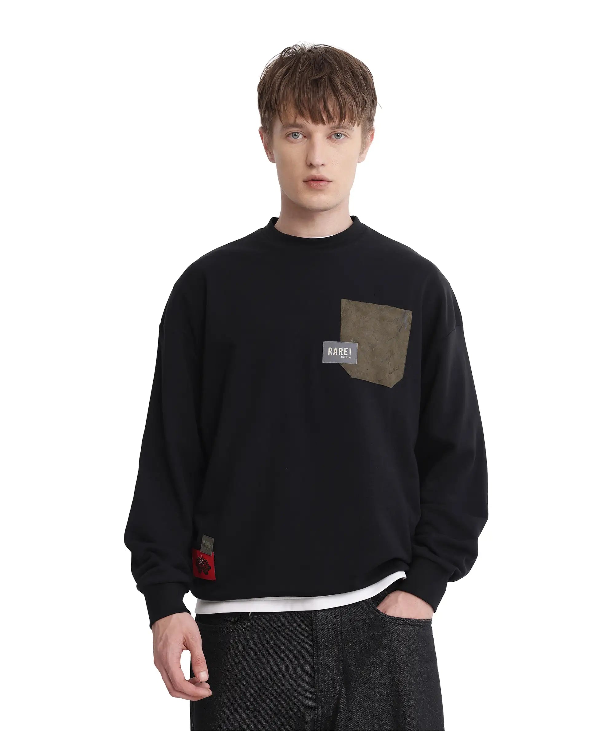 Rare Rabbit Men Toren Black Cotton Blend Fabric Full Sleeve Boxy Fit Label Detail Sweatshirt