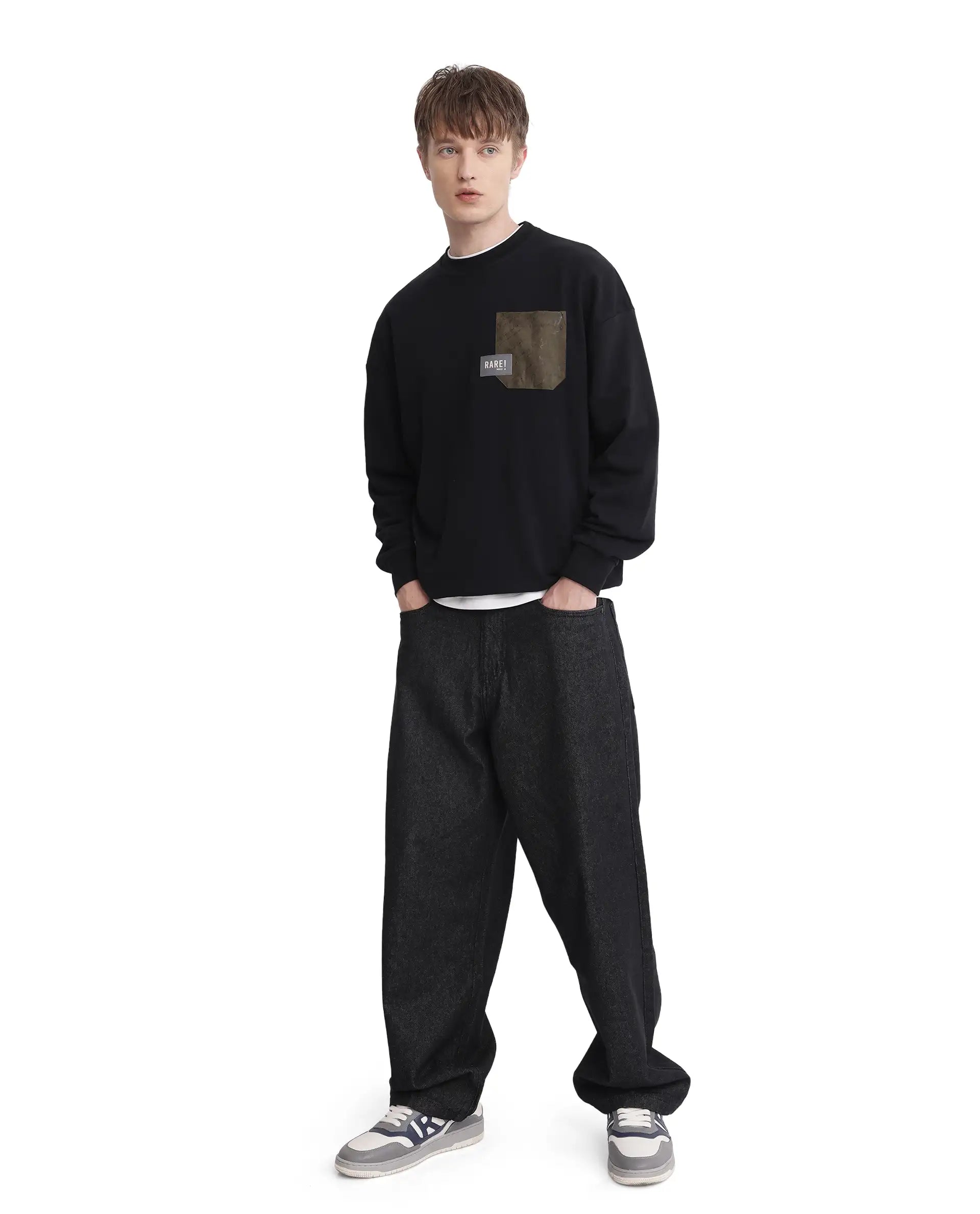 Rare Rabbit Men Toren Black Cotton Blend Fabric Full Sleeve Boxy Fit Label Detail Sweatshirt