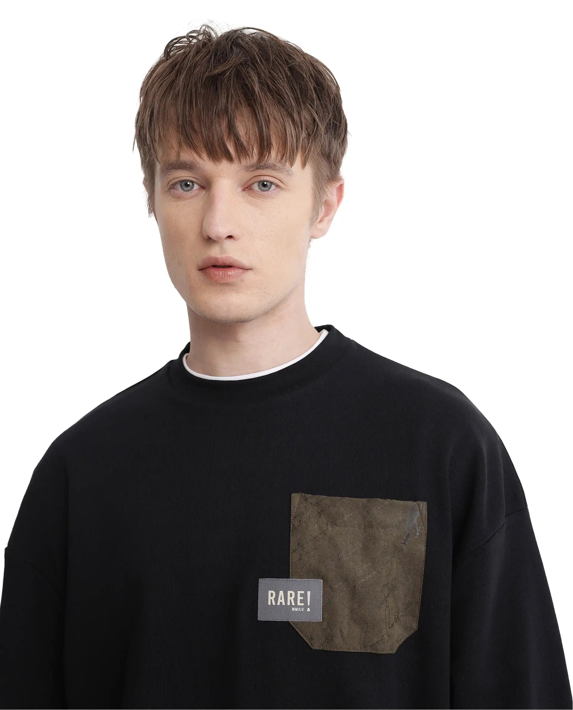 Rare Rabbit Men Toren Black Cotton Blend Fabric Full Sleeve Boxy Fit Label Detail Sweatshirt