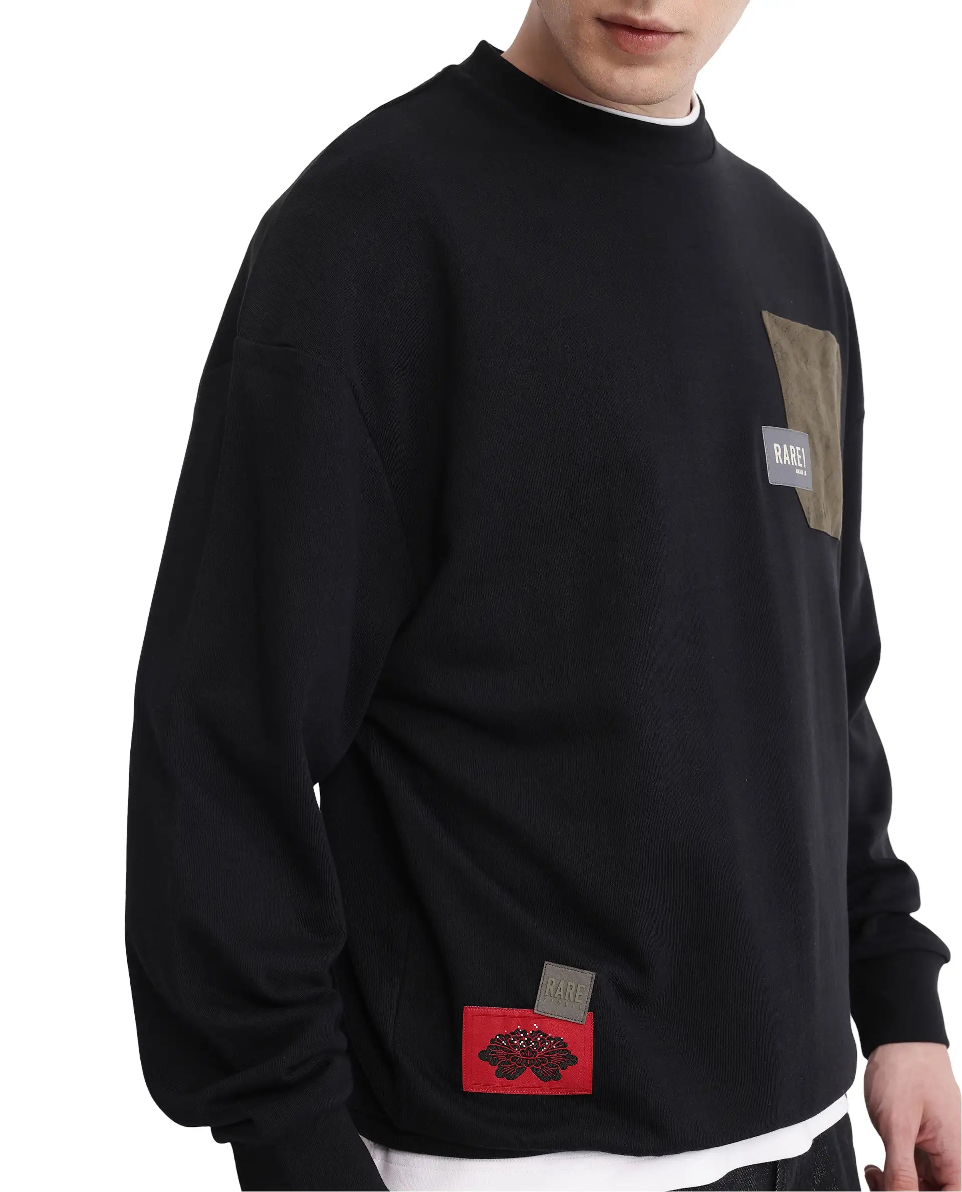 Rare Rabbit Men Toren Black Cotton Blend Fabric Full Sleeve Boxy Fit Label Detail Sweatshirt