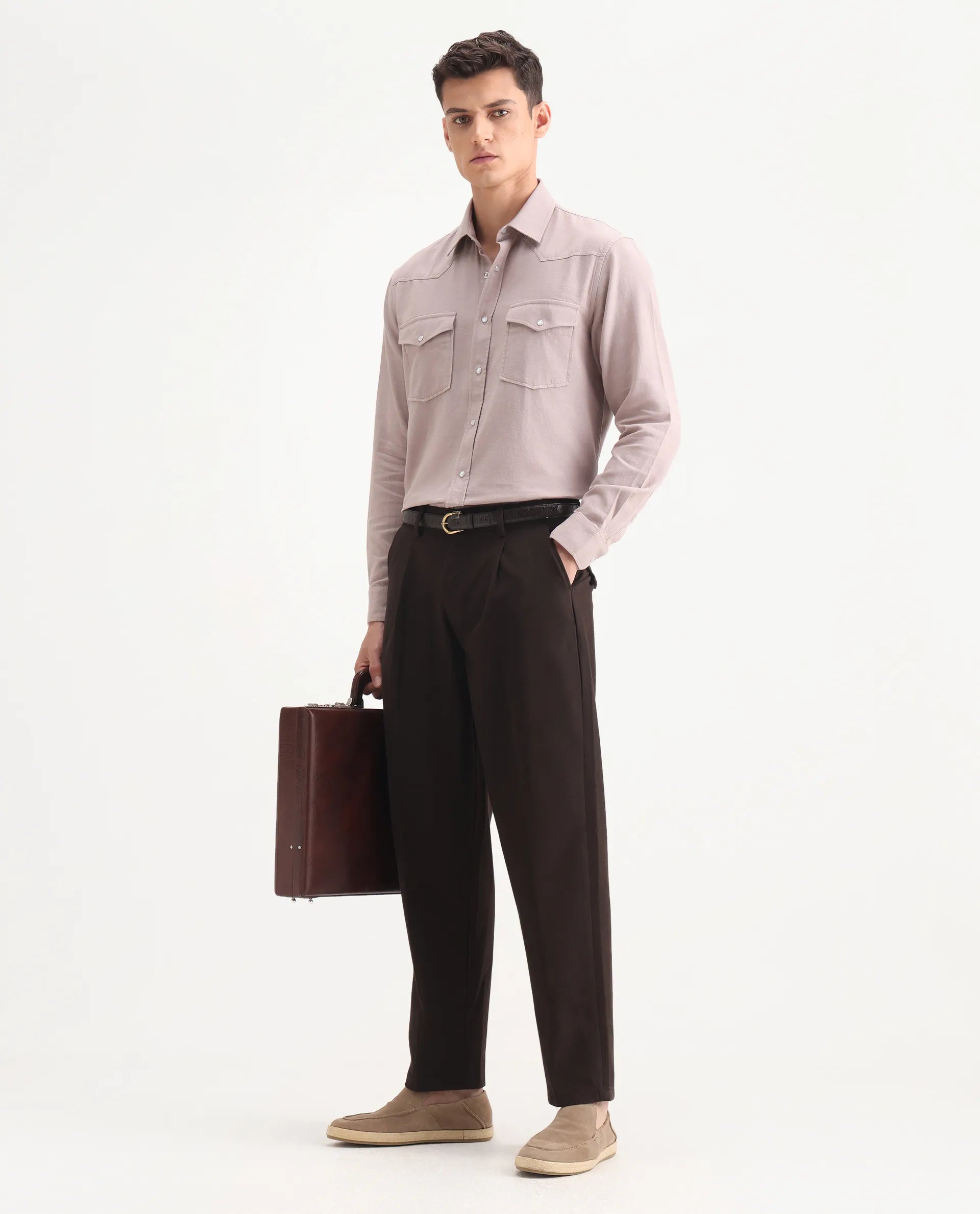 Rare Rabbit Men's Tori Dark Brown Cotton Plain Relaxed Fit Trouser