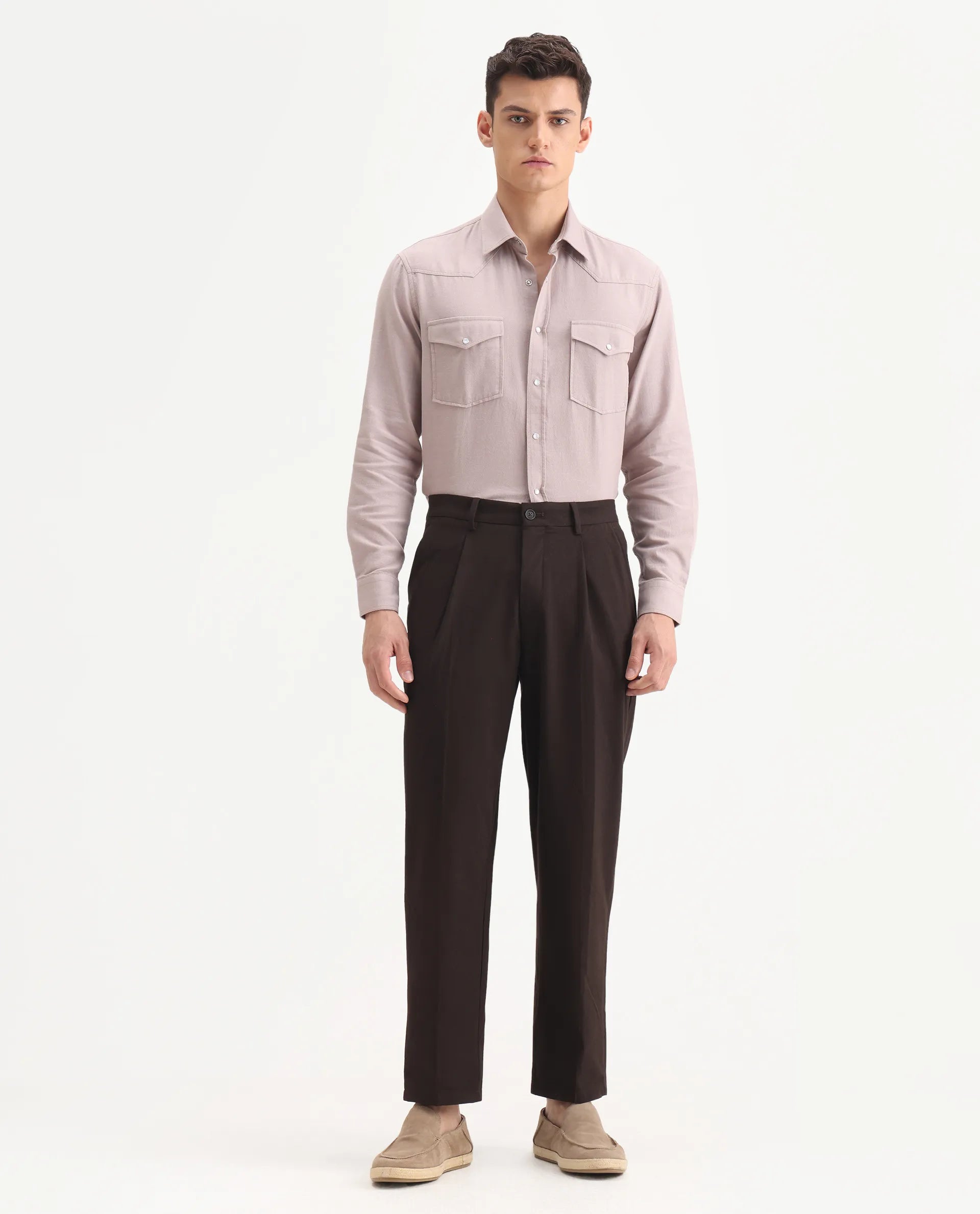 Rare Rabbit Men's Tori Dark Brown Cotton Plain Relaxed Fit Trouser