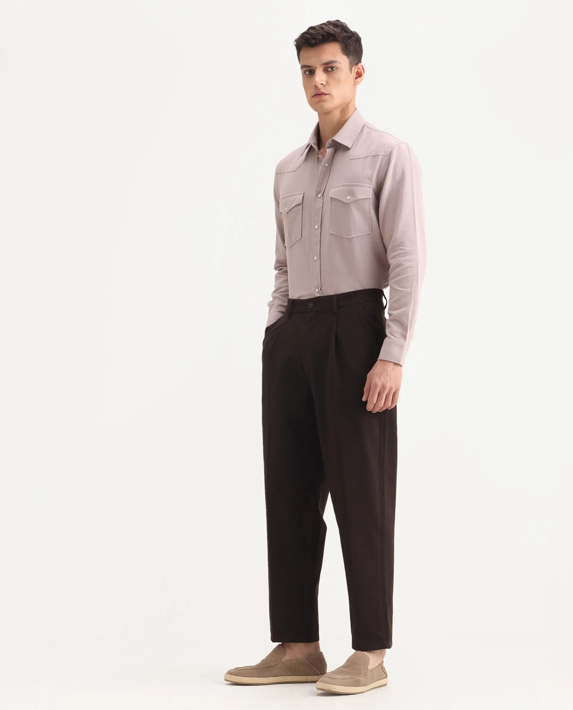 Rare Rabbit Men's Tori Dark Brown Cotton Plain Relaxed Fit Trouser