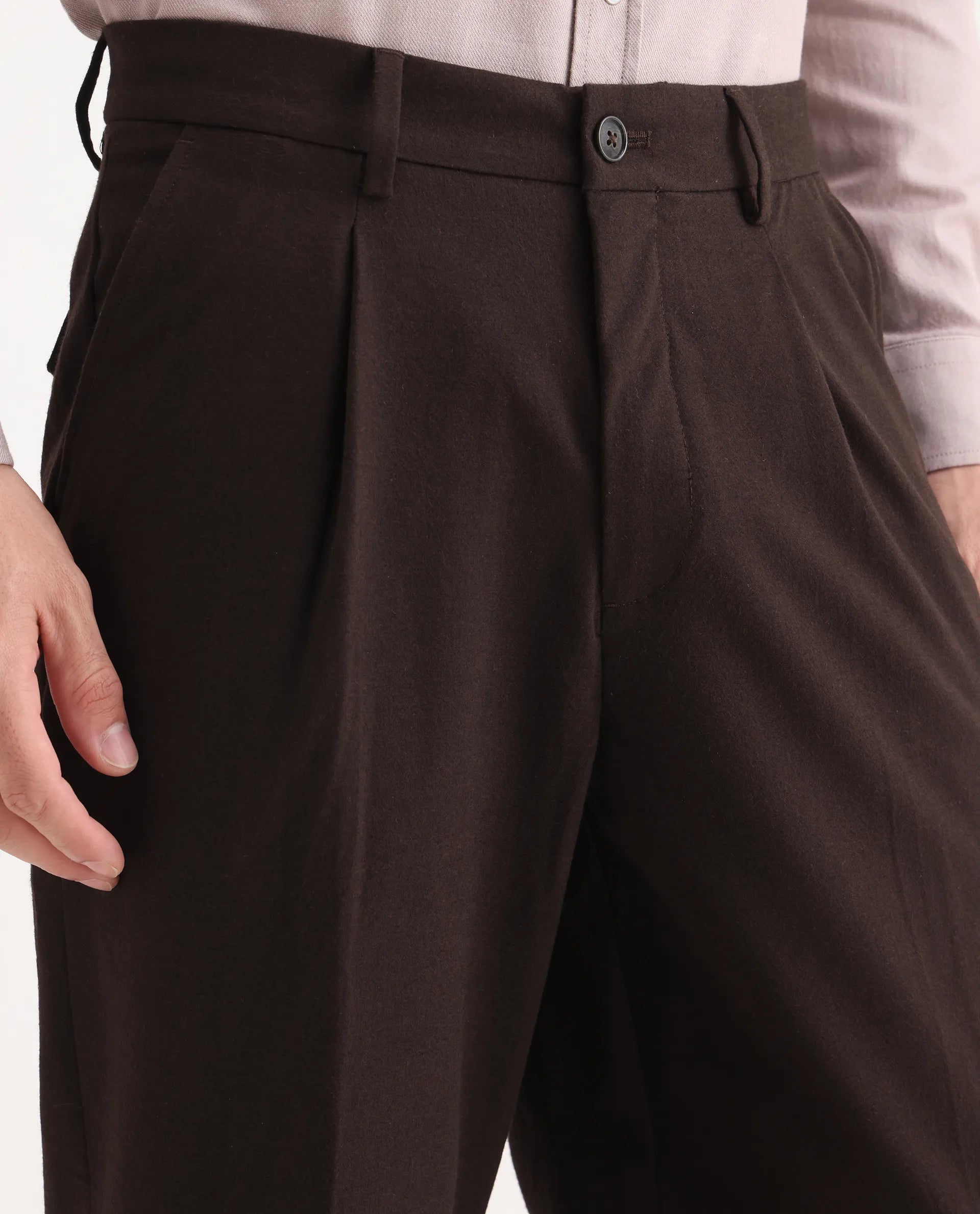 Rare Rabbit Men's Tori Dark Brown Cotton Plain Relaxed Fit Trouser