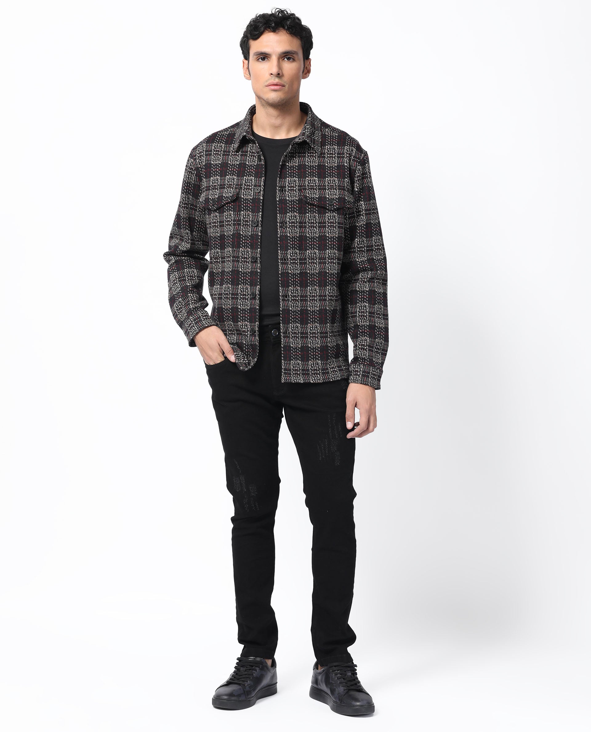 Rare Rabbit Men's Torija Black Cotton Polyester Fabric Full Sleeves Button Closure Checks Shacket