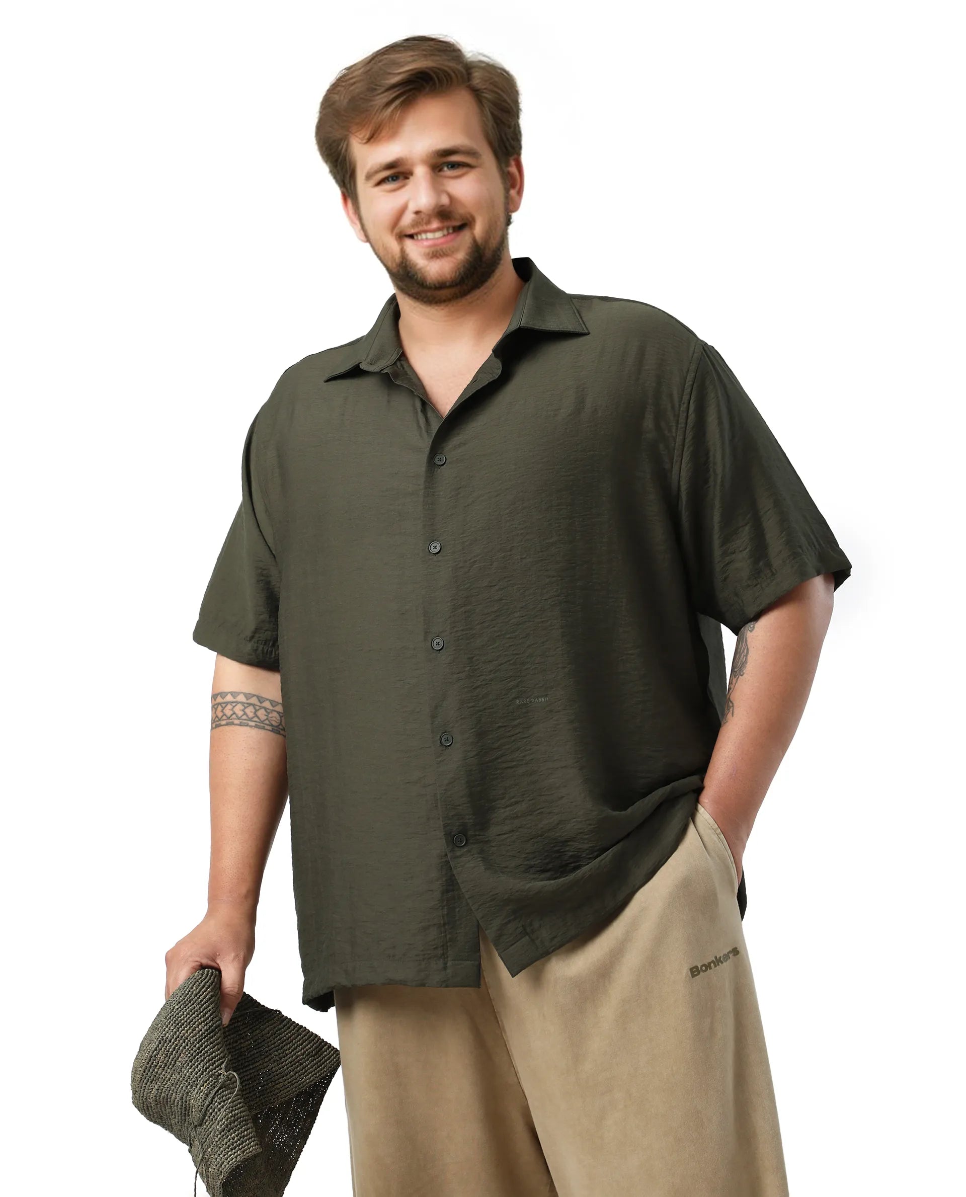 Rare Rabbit Men Torin Big Dark Olive Cotton Fabric Half Sleeve Spread Collar Button Closure Plain Shirt