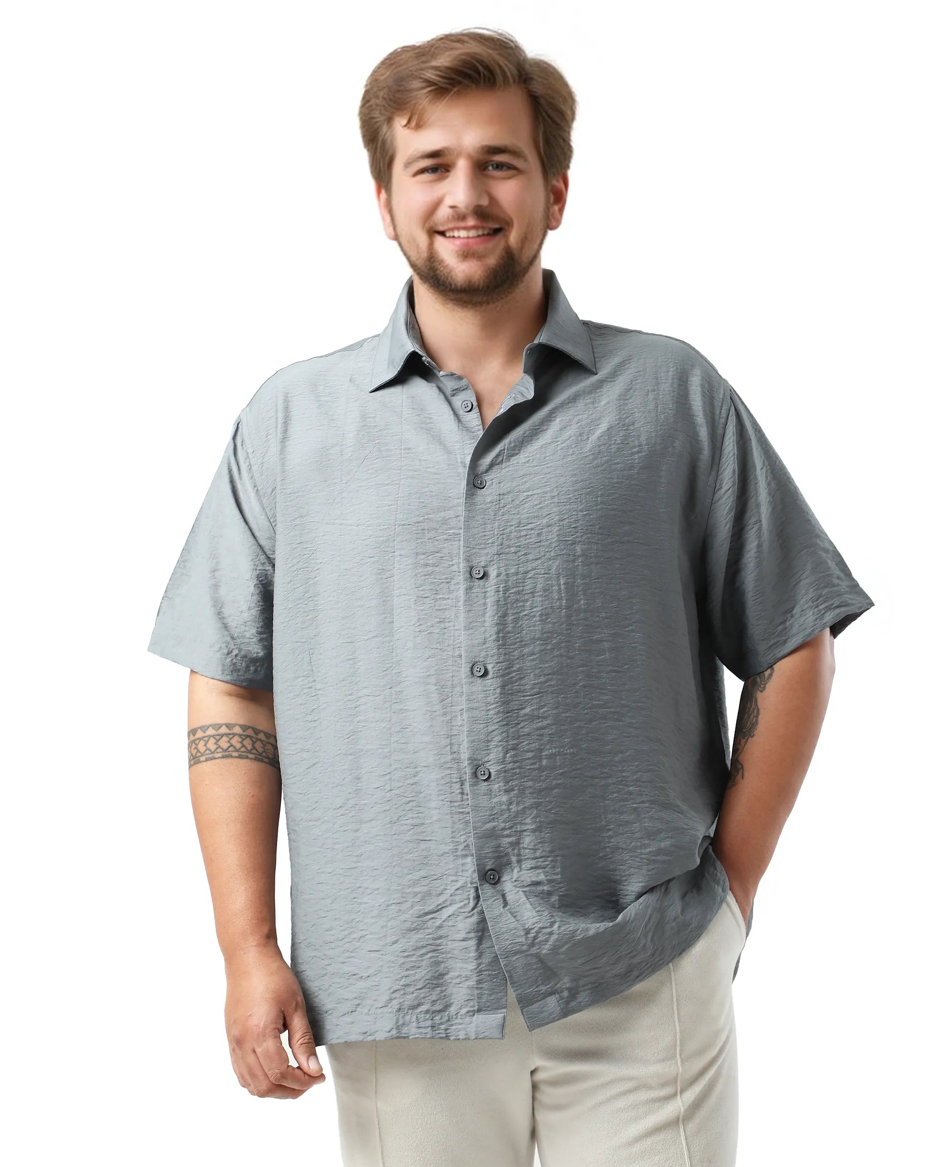 Rare Rabbit Men Torin Big Dusky Blue Cotton Fabric Half Sleeve Spread Collar Button Closure Plain Shirt