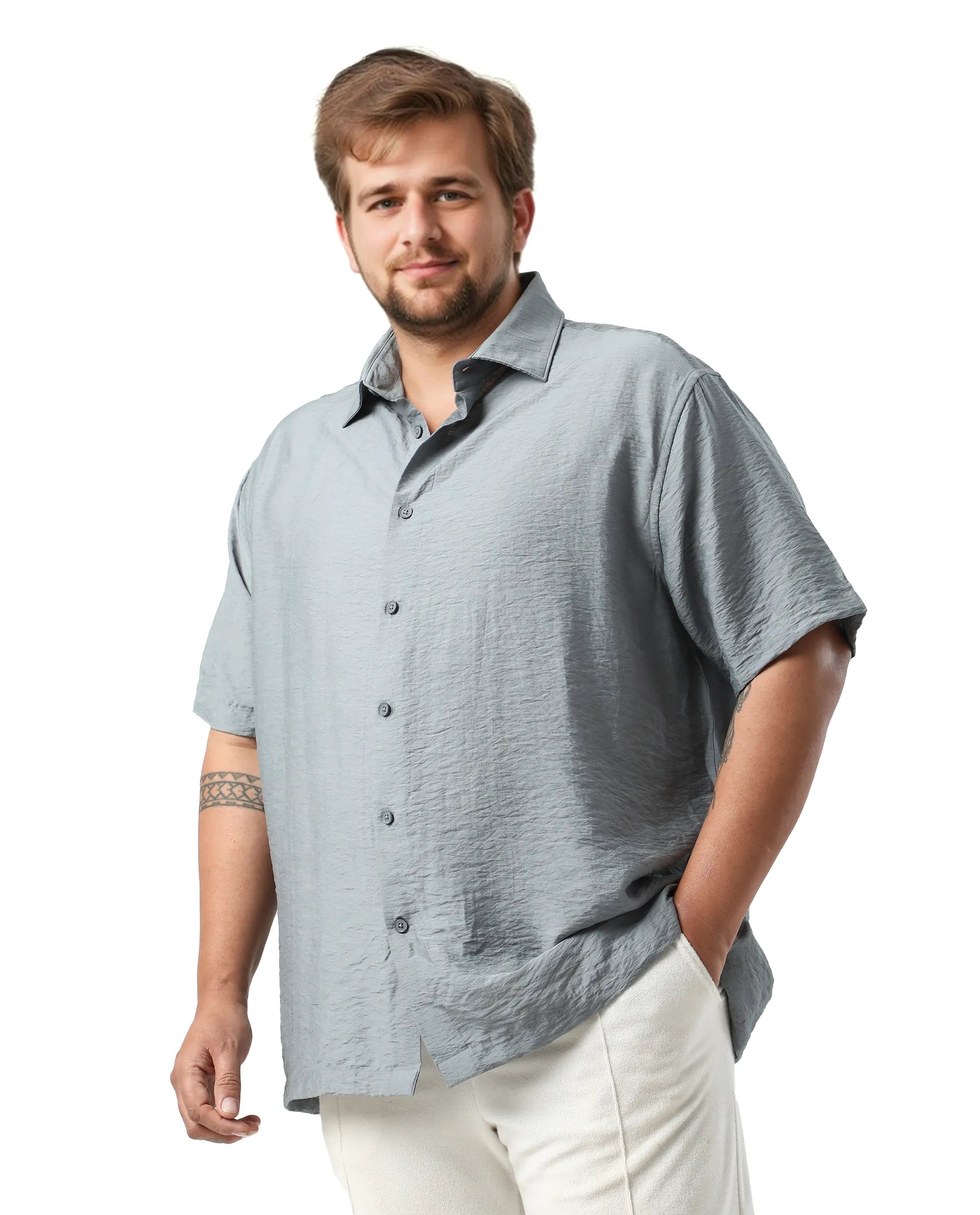 Rare Rabbit Men Torin Big Dusky Blue Cotton Fabric Half Sleeve Spread Collar Button Closure Plain Shirt
