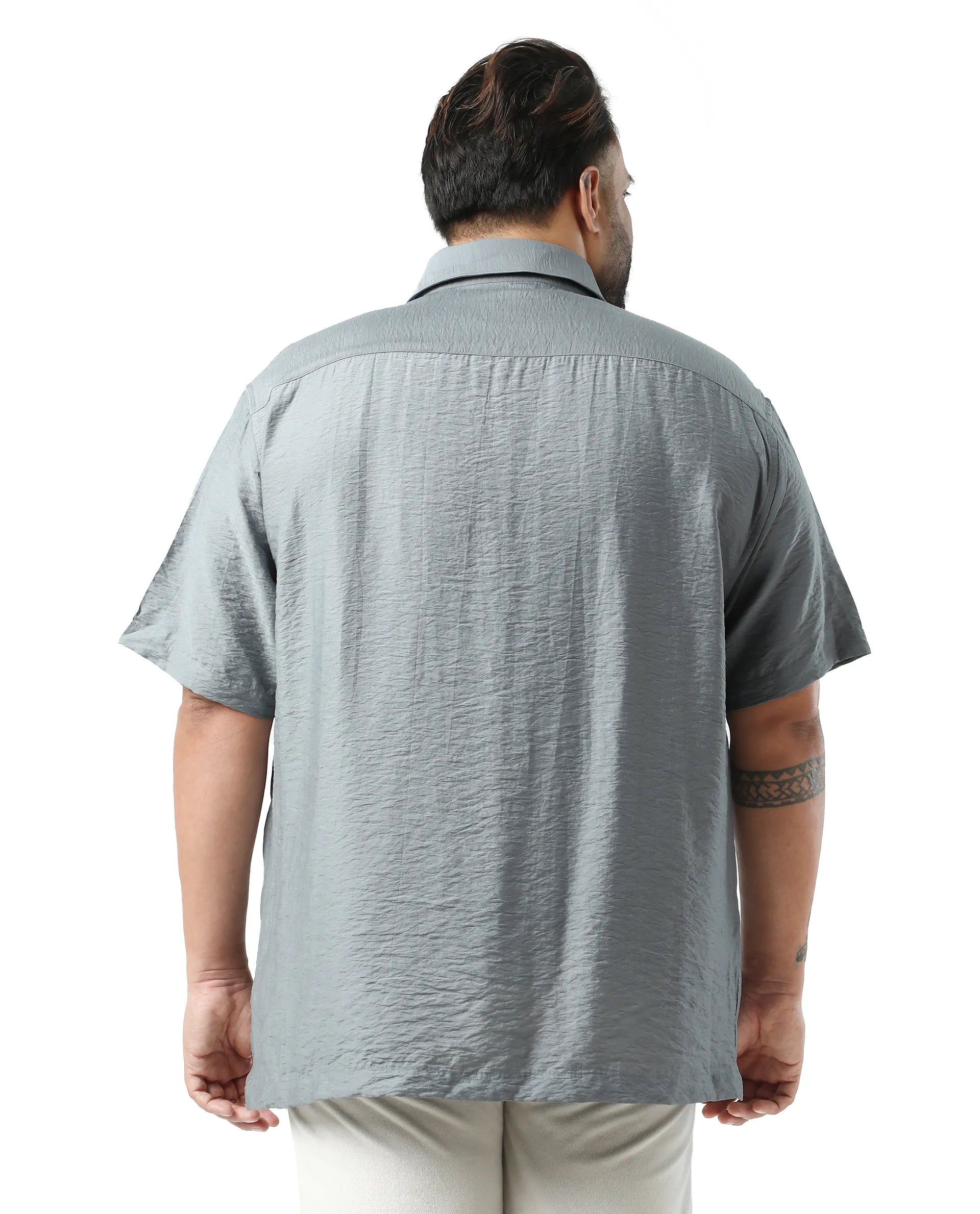 Rare Rabbit Men Torin Big Dusky Blue Cotton Fabric Half Sleeve Spread Collar Button Closure Plain Shirt