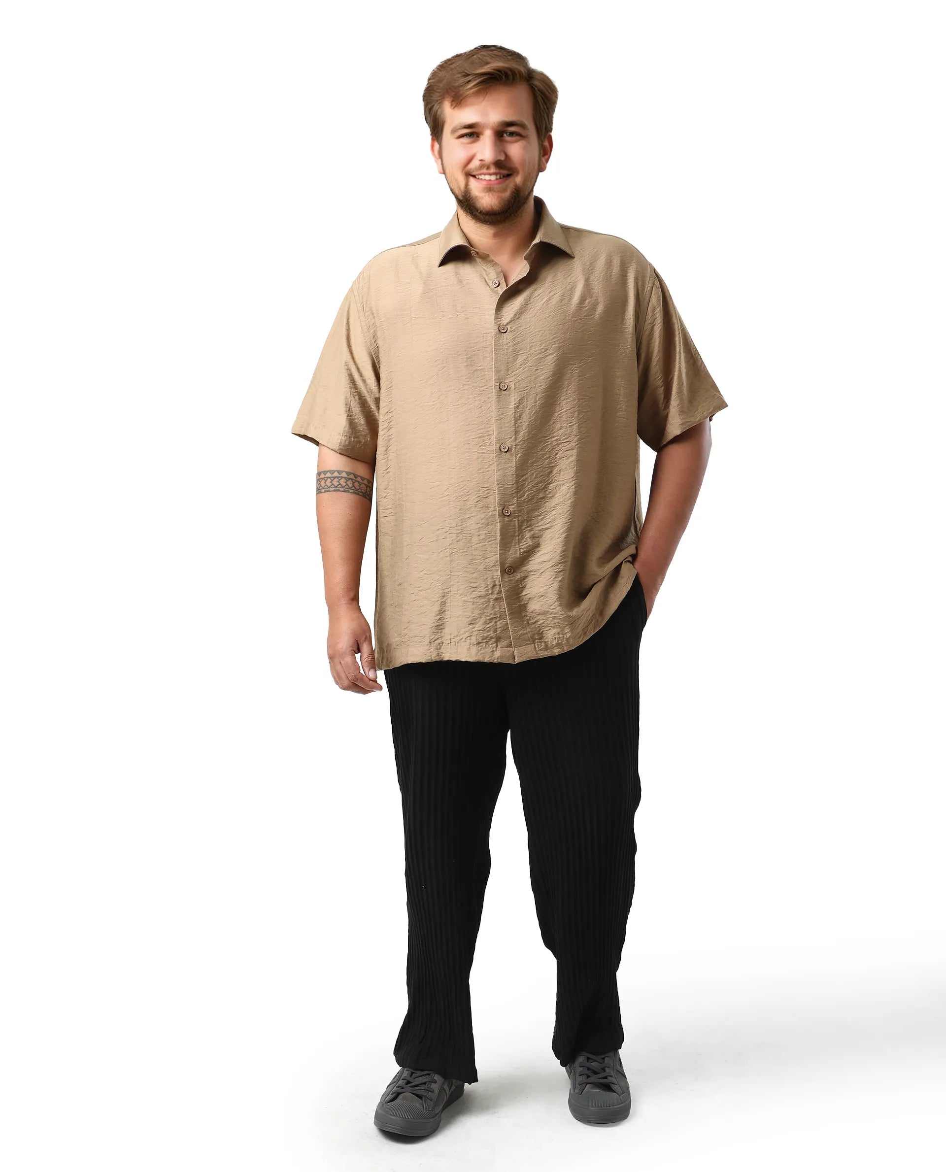 Rare Rabbit Men Torin Big Pastel Brown Cotton Fabric Half Sleeve Spread Collar Button Closure Plain Shirt