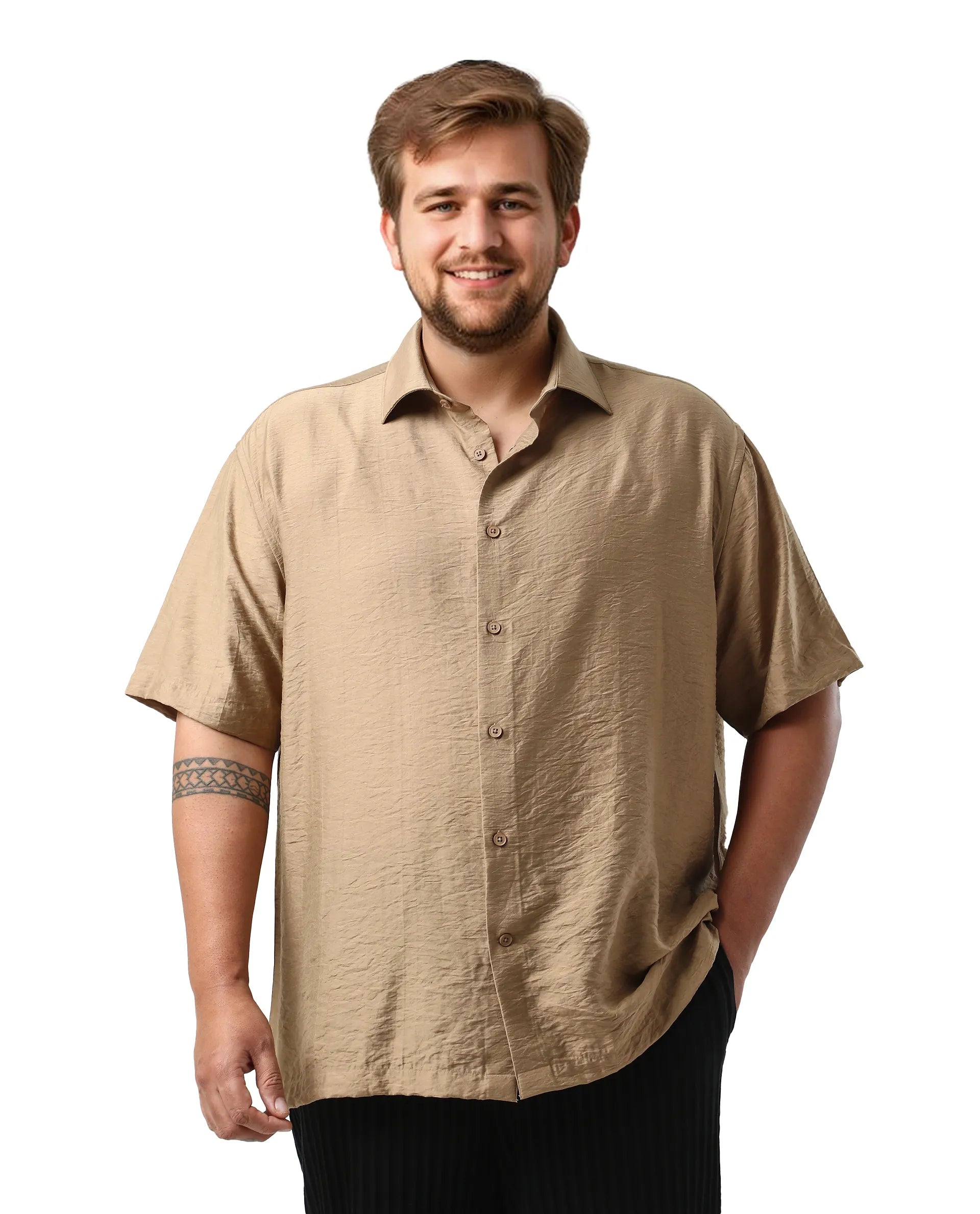 Rare Rabbit Men Torin Big Pastel Brown Cotton Fabric Half Sleeve Spread Collar Button Closure Plain Shirt