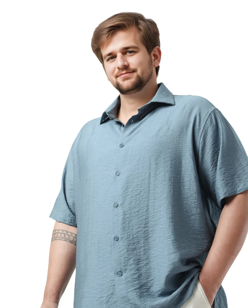 Rare Rabbit Men Torin Big Light Blue Cotton Fabric Half Sleeve Spread Collar Button Closure Plain Shirt