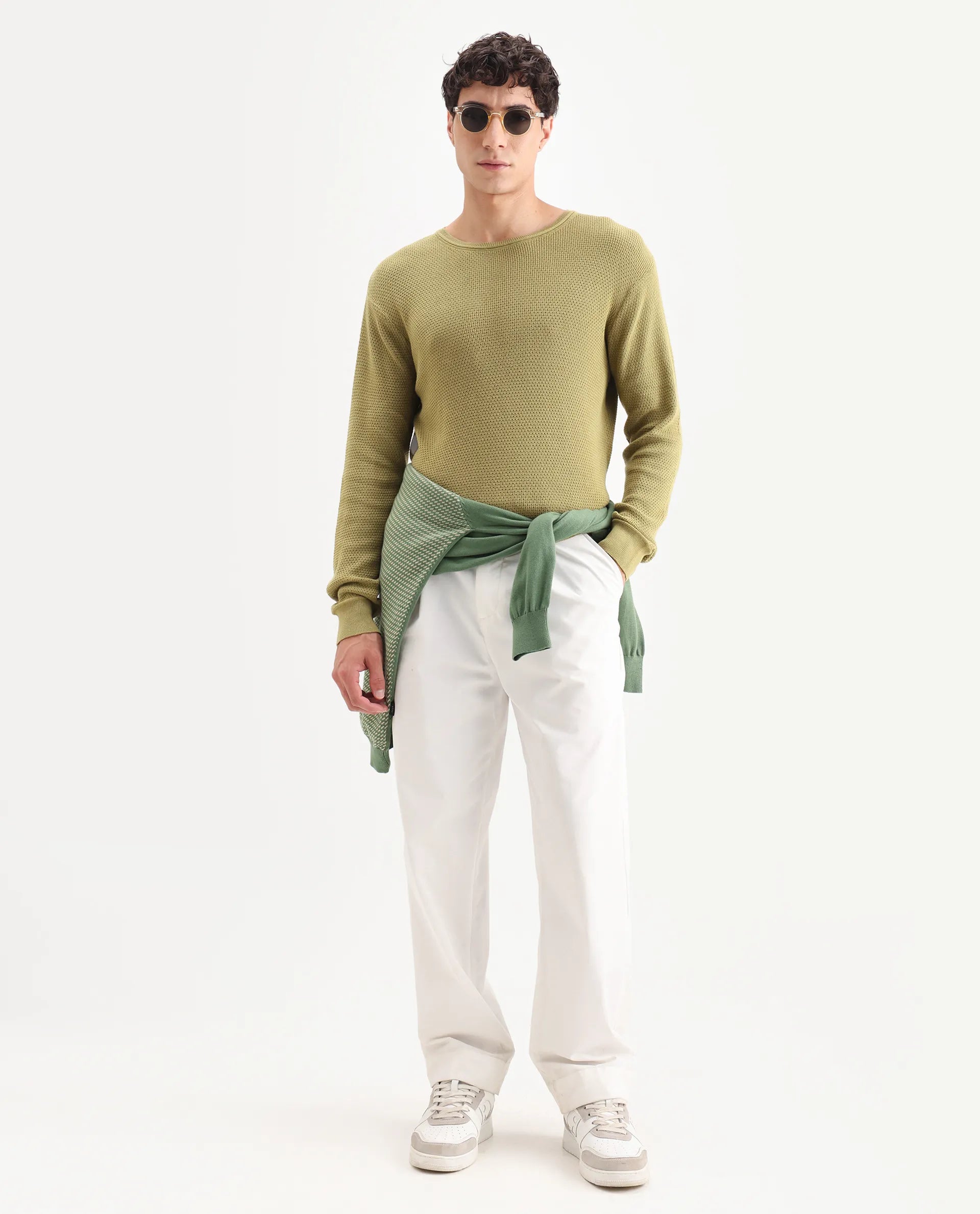 Rare Rabbit Men's Torino Green Cotton Plain Regular Fit Full Sleeve Crew Neck Sweater