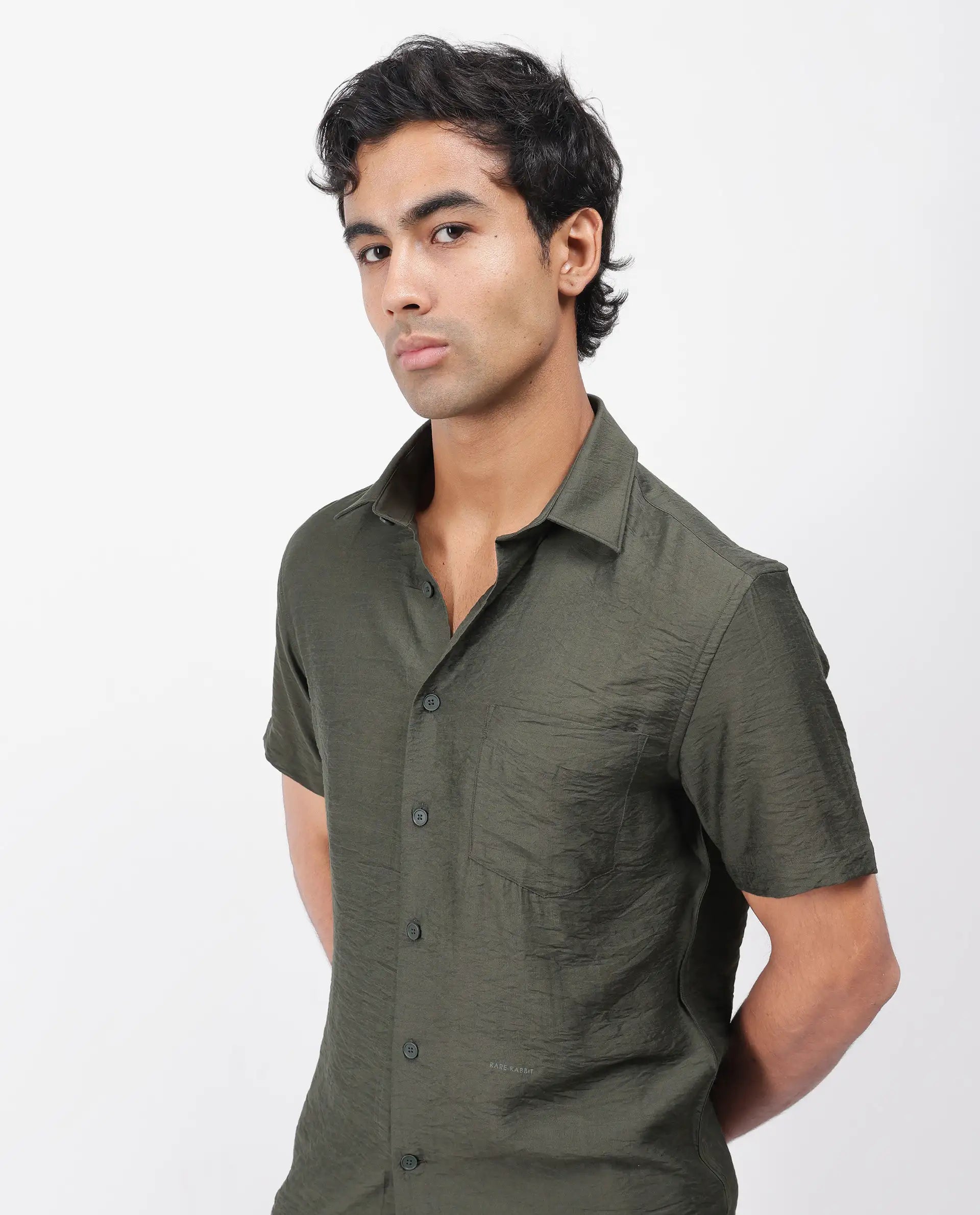 Rare Rabbit Men's Torit Dark Olive Viscose Blend Plain Regular Fit Half Sleeve Collared Shirt