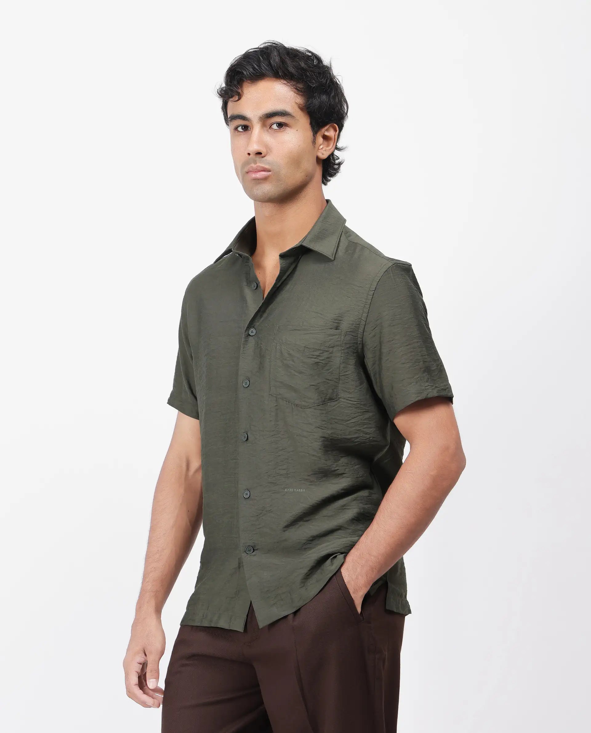 Rare Rabbit Men's Torit Dark Olive Viscose Blend Plain Regular Fit Half Sleeve Collared Shirt